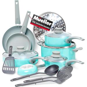 image:imageMueller 16Piece NonStick Stone Cookware Set with Steamer and Glass Lids TurquoiseTurquoise