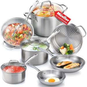 image:imageMueller Pots and Pans Set 11Piece UltraClad Pro Stainless Steel Cookware Set Ergonomic and EverCool Stainless Steel Handle Includes Saucepans Skillets Stockpot Saute Pan SteamerSilver