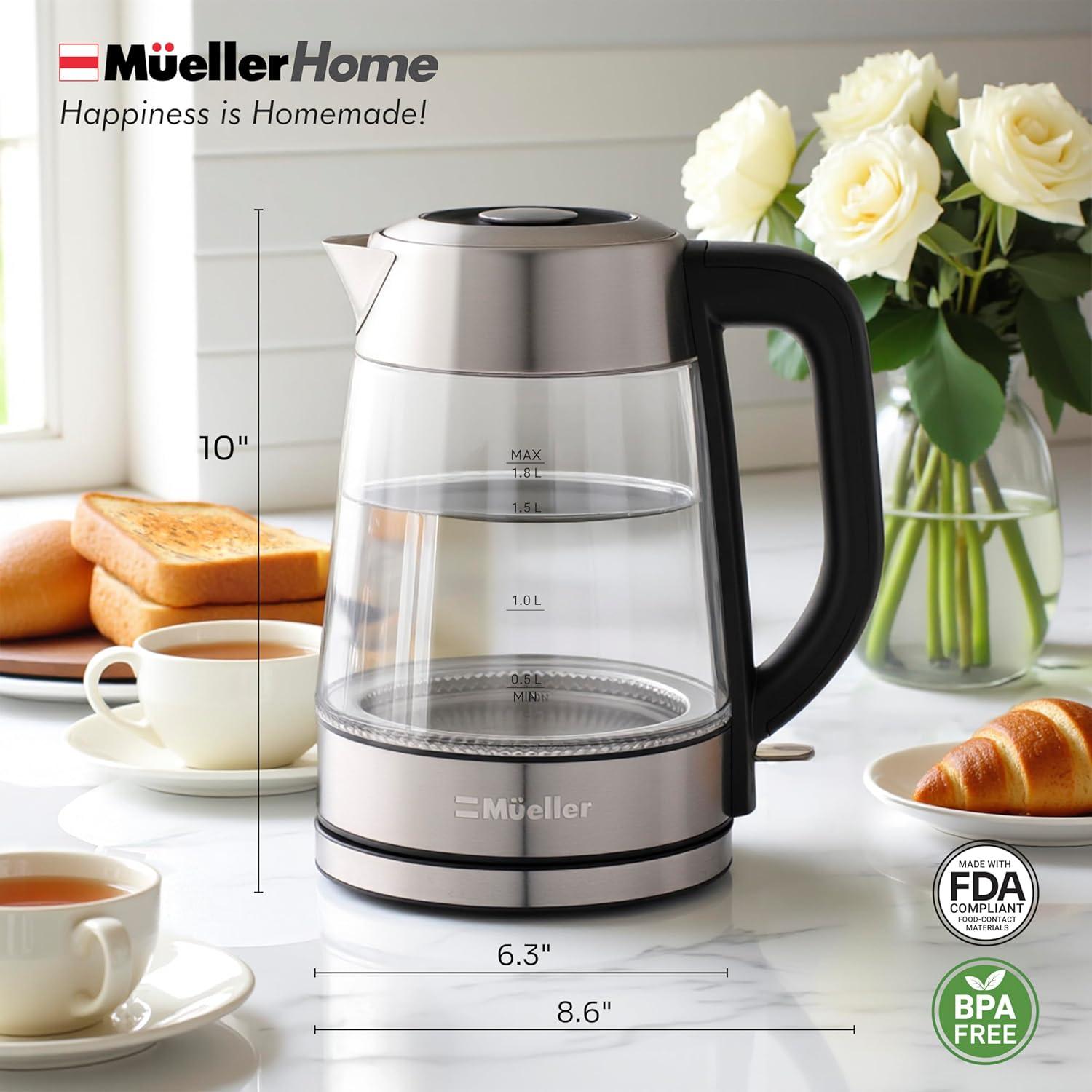 image:imageMUELLER HOME Rapid Boil Electric Tea Kettle 18L Borosilicate Glass amp Stainless Steel BPAFree Hot Water Boiler LED Light Auto ShutOff Boil Dry Protection Fast Water Heater Kitchen Appliances
