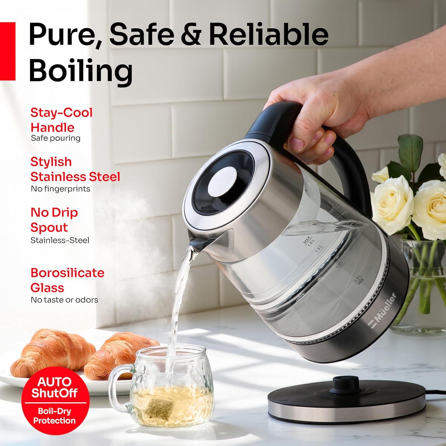image:imageMUELLER HOME Rapid Boil Electric Tea Kettle 18L Borosilicate Glass amp Stainless Steel BPAFree Hot Water Boiler LED Light Auto ShutOff Boil Dry Protection Fast Water Heater Kitchen Appliances