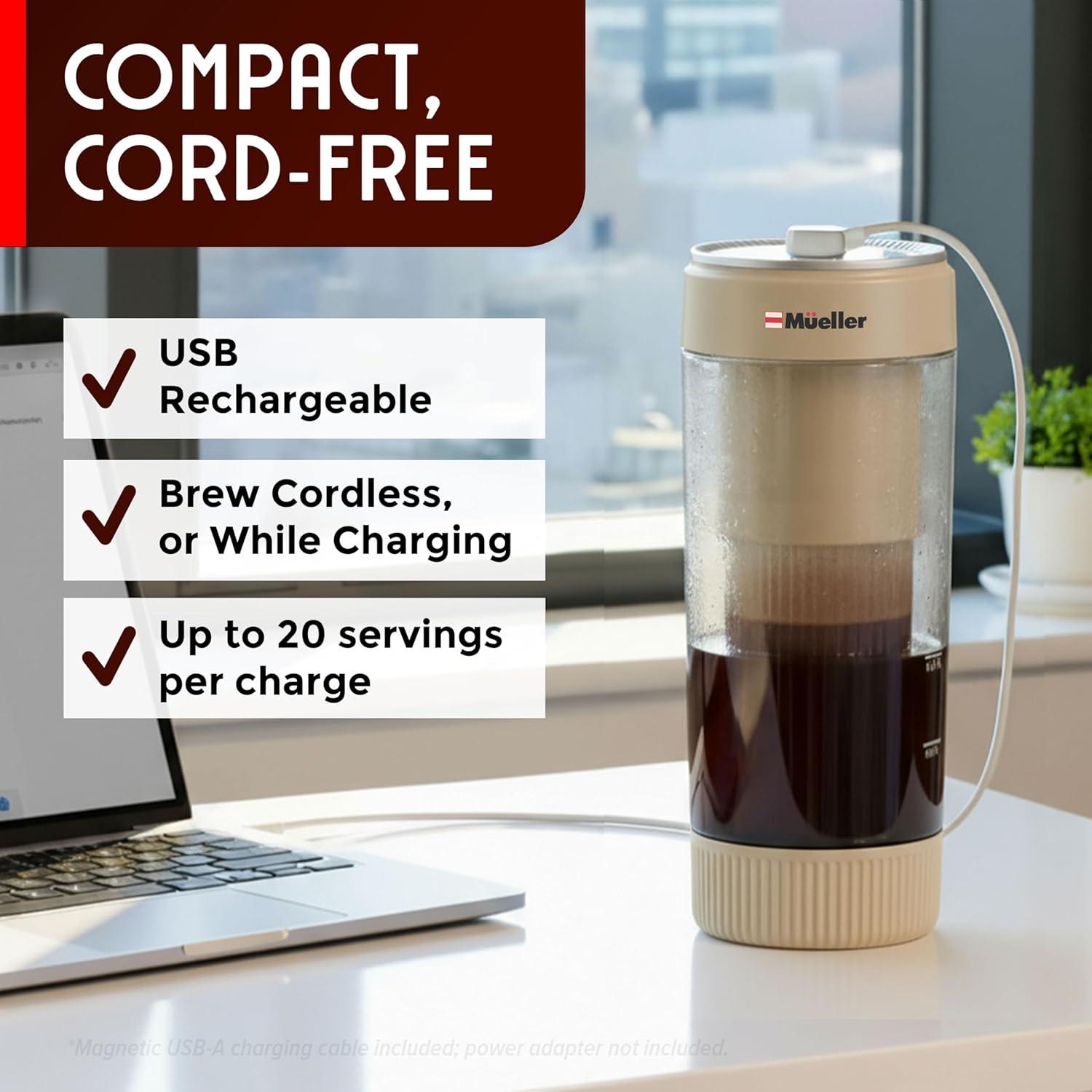 image:imageMueller RapidBrew Cold Brew Iced Coffee Maker 10 Min Fast Brew Portable Rechargeable Cold Brew Machine for Coffee amp Tea Adjustable Strength 1099 Min 20 Servings Per Charge Black CoffeeCappuccino Beige