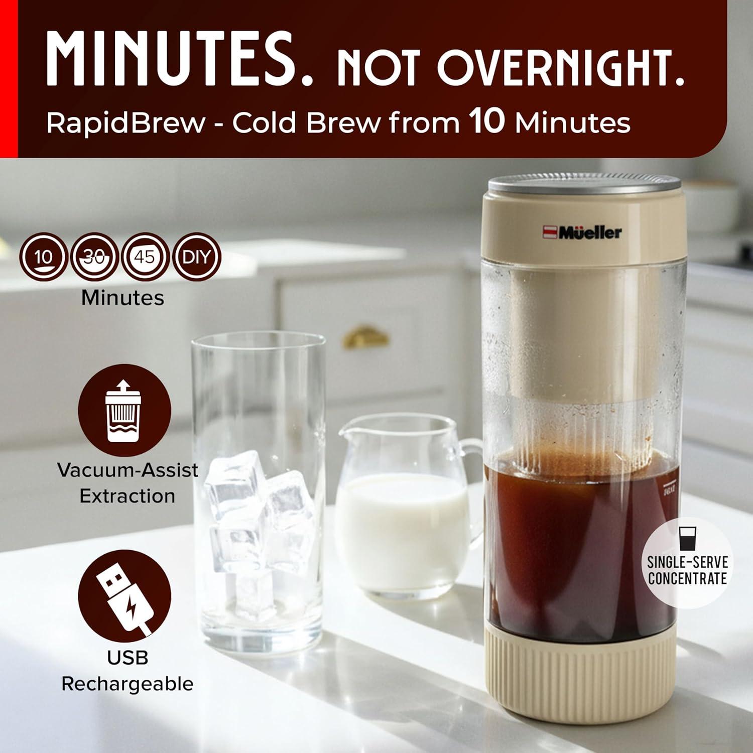 image:imageMueller RapidBrew Cold Brew Iced Coffee Maker 10 Min Fast Brew Portable Rechargeable Cold Brew Machine for Coffee amp Tea Adjustable Strength 1099 Min 20 Servings Per Charge Black CoffeeCappuccino Beige