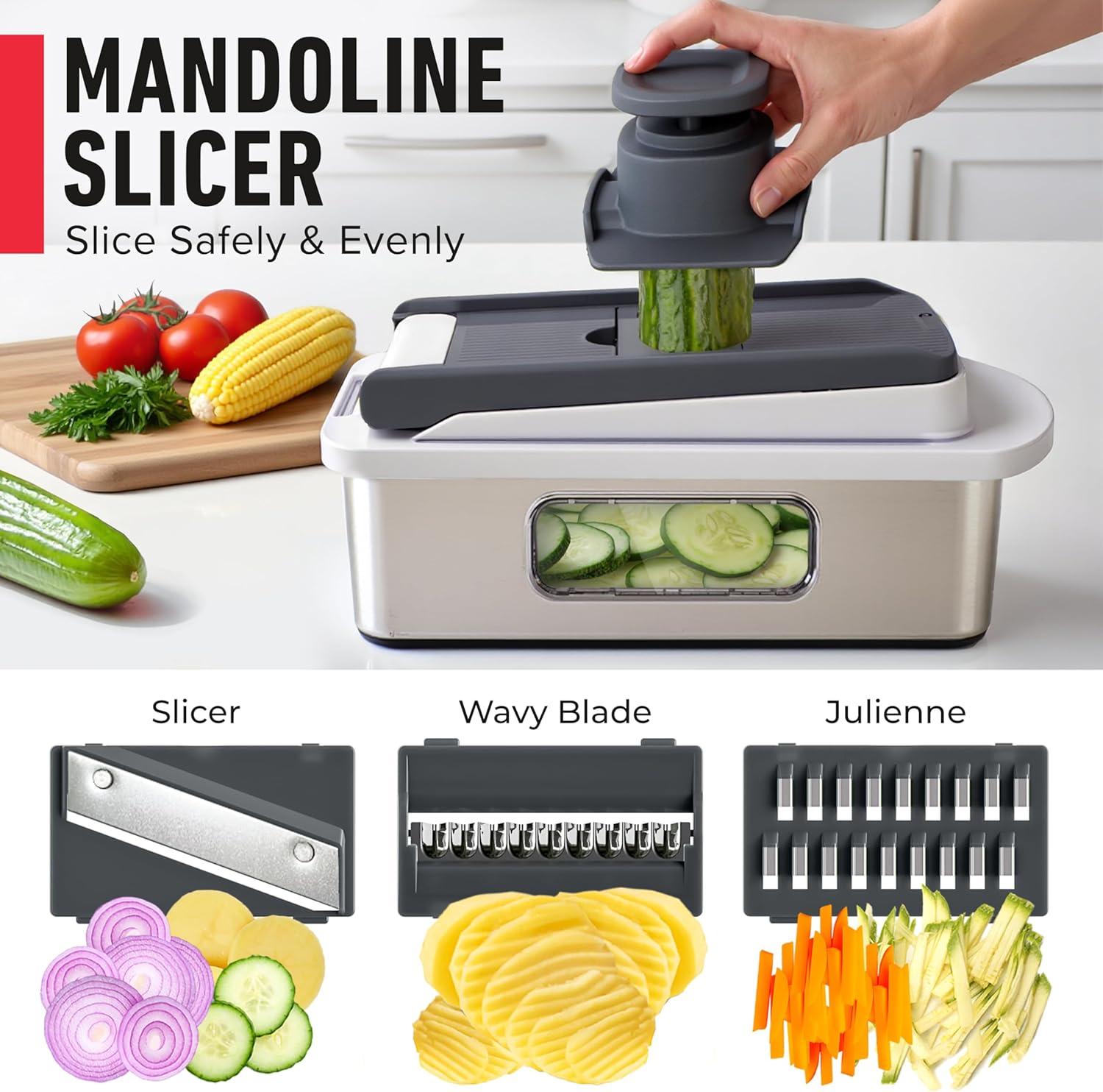 image:imageMueller ULTIMATE 12 Blade Vegetable Chopper Mandoline Slicer and Spiralizer Dicer Grater Kitchen Essentials amp Accessories BlackStainless Steel White SandGrey