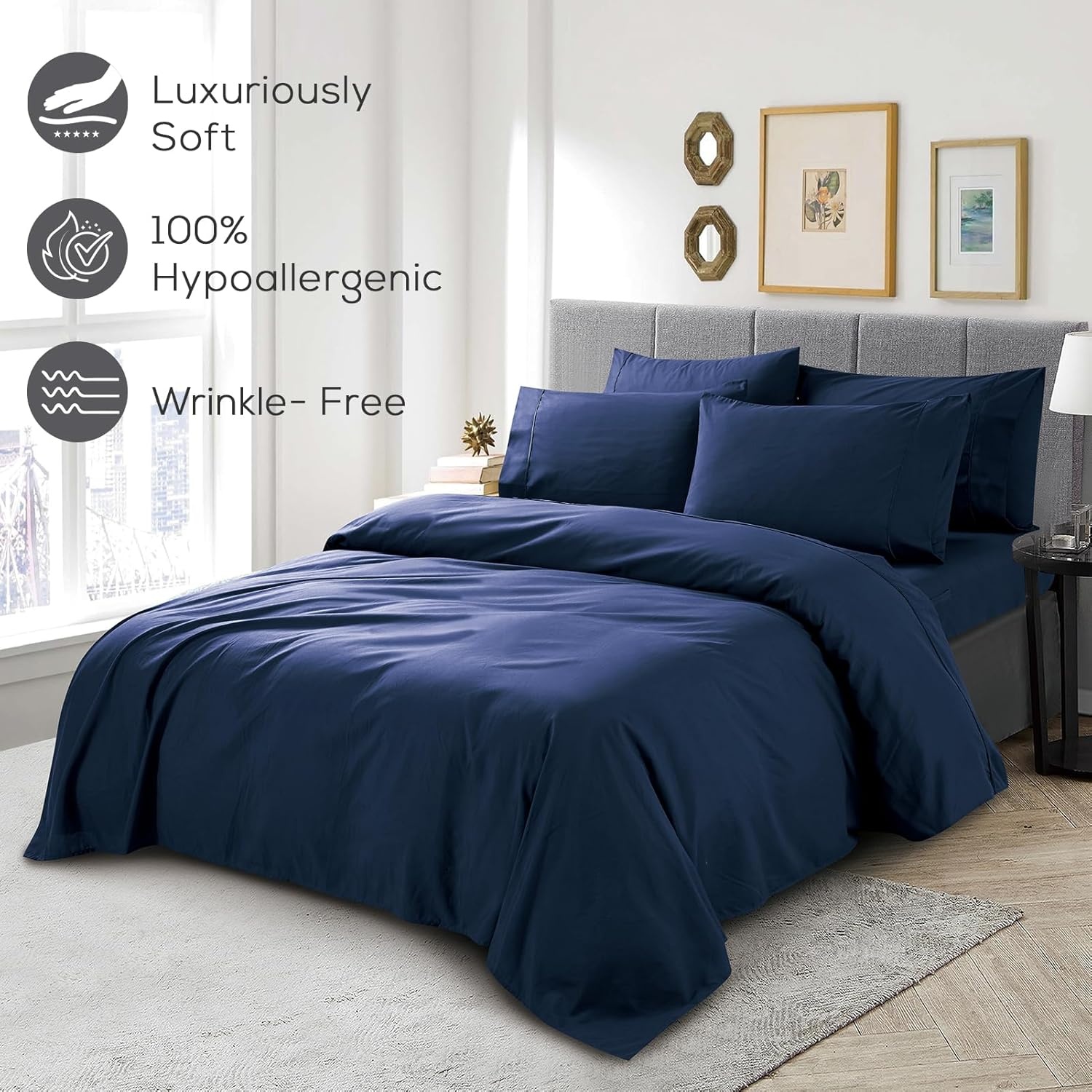image:imageMueller Luxury 6 PC Full Size Bed Sheets Super Soft 1800 Deep Pocket up to 16 Full Size Sheets Transfers Heat Breathes Better Hypoallergenic WrinkleResistant OekoTEX Light GreyNavy