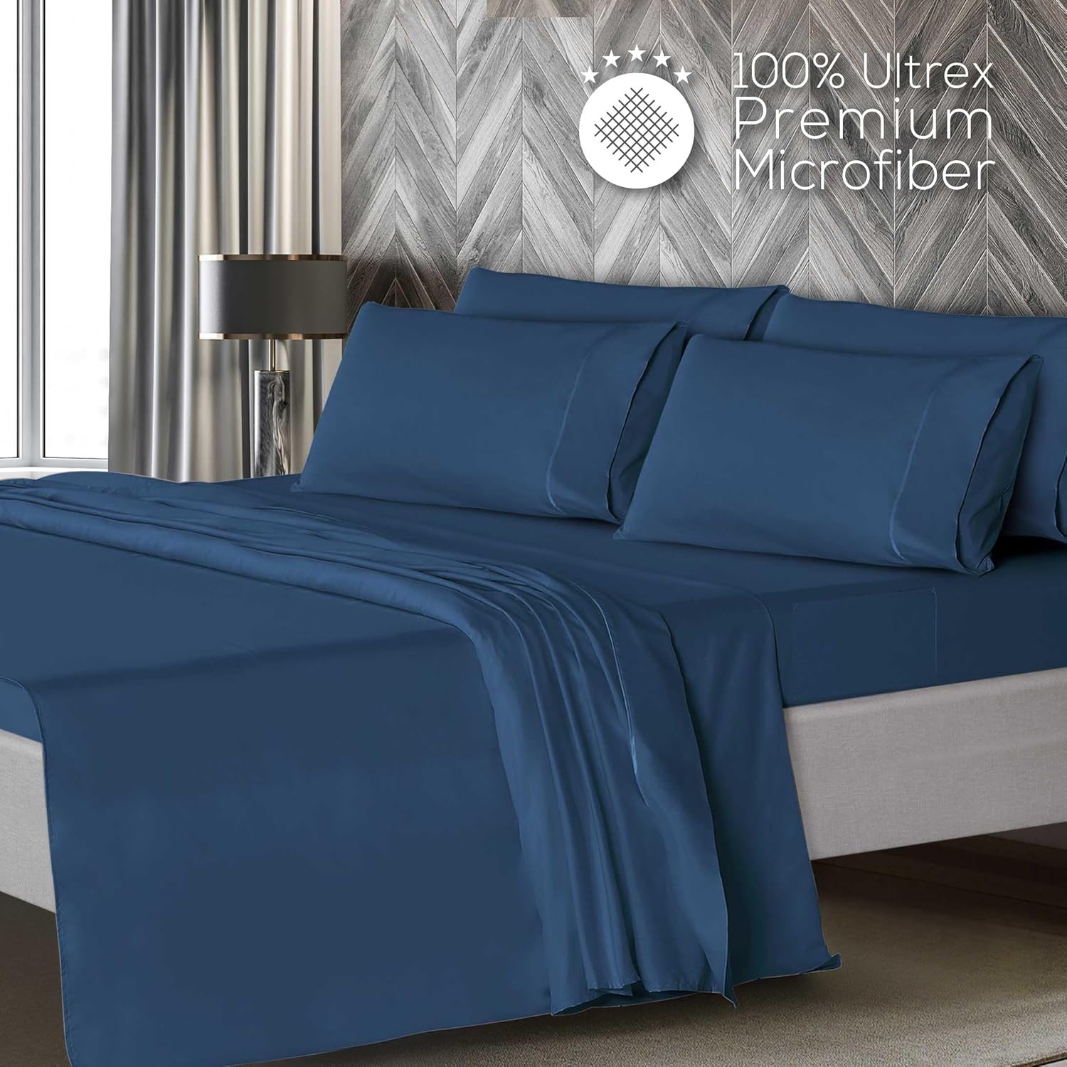image:imageMueller Luxury 6 PC Full Size Bed Sheets Super Soft 1800 Deep Pocket up to 16 Full Size Sheets Transfers Heat Breathes Better Hypoallergenic WrinkleResistant OekoTEX Light GreyNavy
