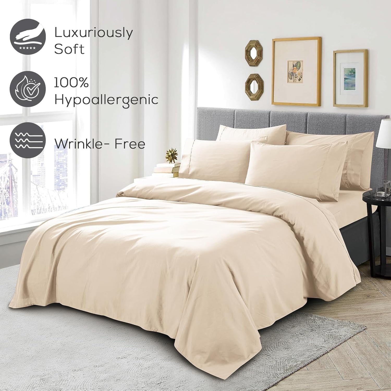 image:imageMueller Luxury 6 PC Full Size Bed Sheets Super Soft 1800 Deep Pocket up to 16 Full Size Sheets Transfers Heat Breathes Better Hypoallergenic WrinkleResistant OekoTEX Light GreyCream