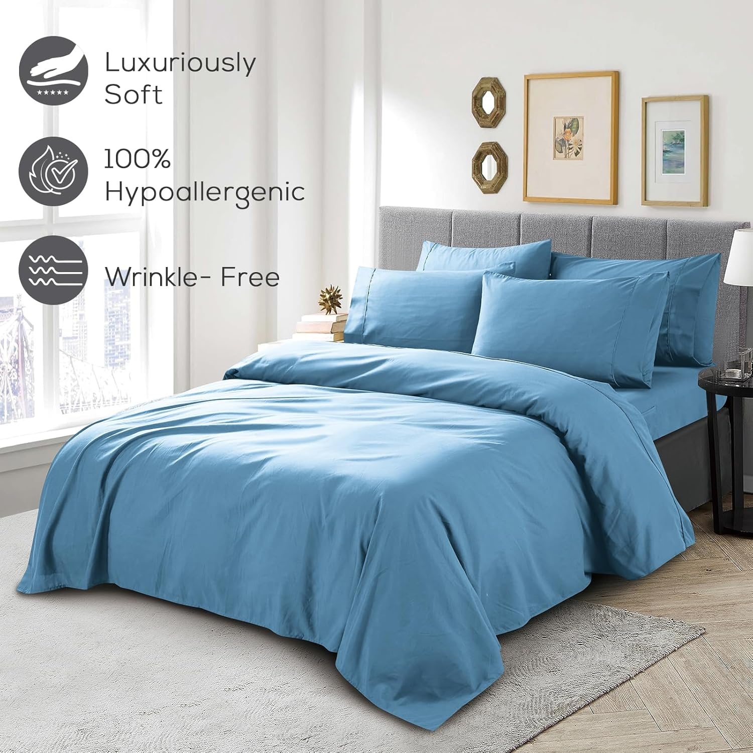 image:imageMueller Luxury 6 PC Full Size Bed Sheets Super Soft 1800 Deep Pocket up to 16 Full Size Sheets Transfers Heat Breathes Better Hypoallergenic WrinkleResistant OekoTEX Light GreyDenim