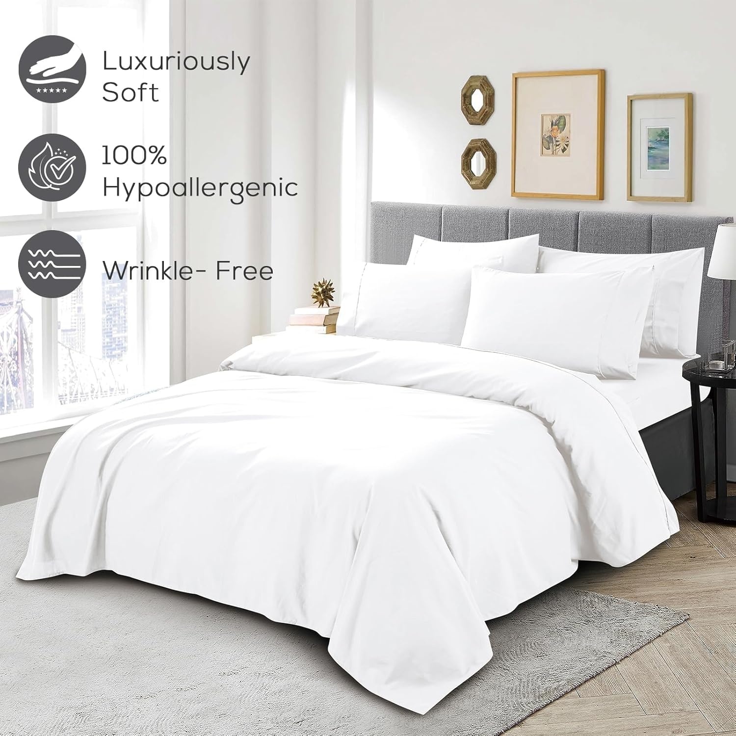 image:imageMueller Luxury 6 PC Full Size Bed Sheets Super Soft 1800 Deep Pocket up to 16 Full Size Sheets Transfers Heat Breathes Better Hypoallergenic WrinkleResistant OekoTEX Light GreyWhite