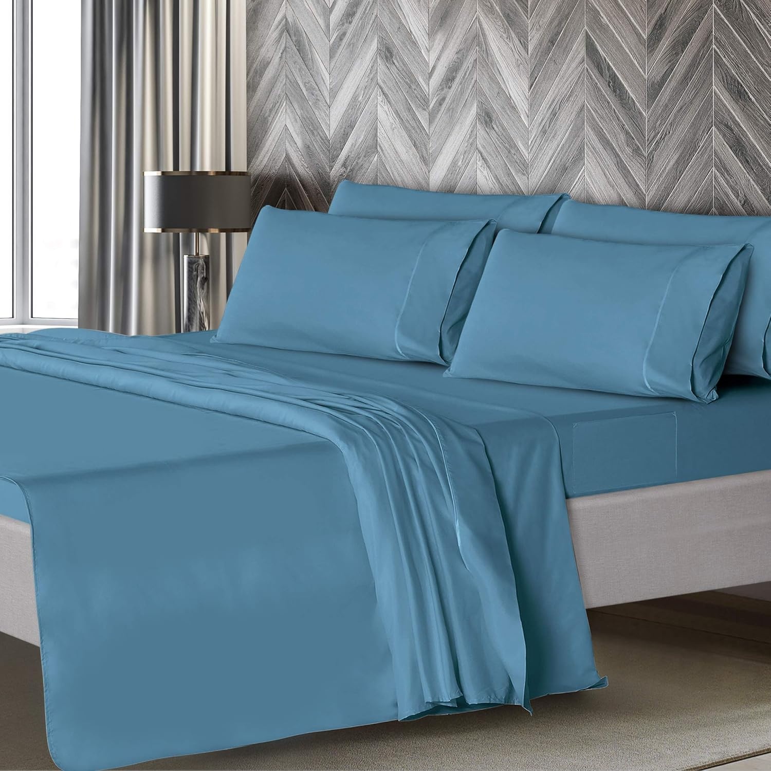 image:imageMueller Luxury 6 PC Full Size Bed Sheets Super Soft 1800 Deep Pocket up to 16 Full Size Sheets Transfers Heat Breathes Better Hypoallergenic WrinkleResistant OekoTEX Light GreyDenim