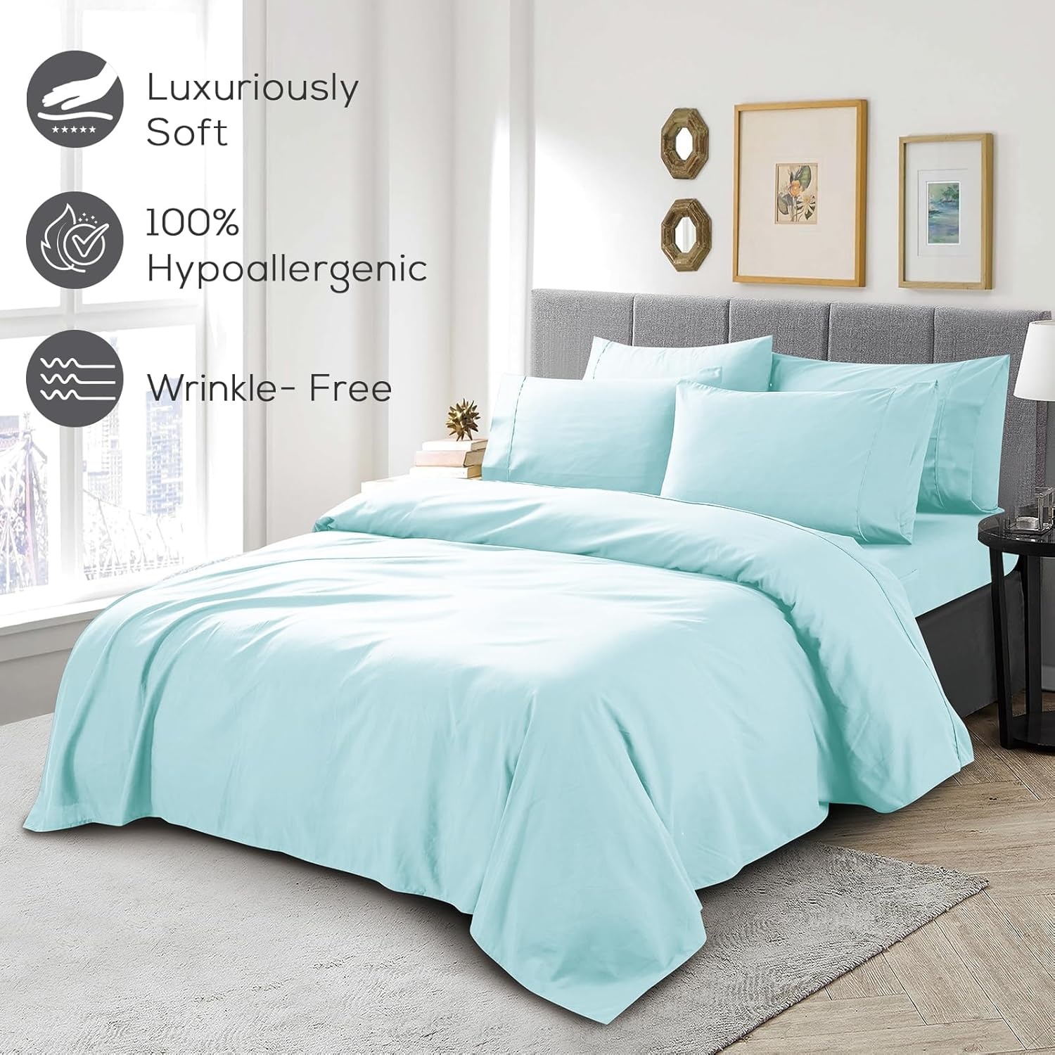 image:imageMueller Luxury 6 PC Full Size Bed Sheets Super Soft 1800 Deep Pocket up to 16 Full Size Sheets Transfers Heat Breathes Better Hypoallergenic WrinkleResistant OekoTEX Light GreyAqua