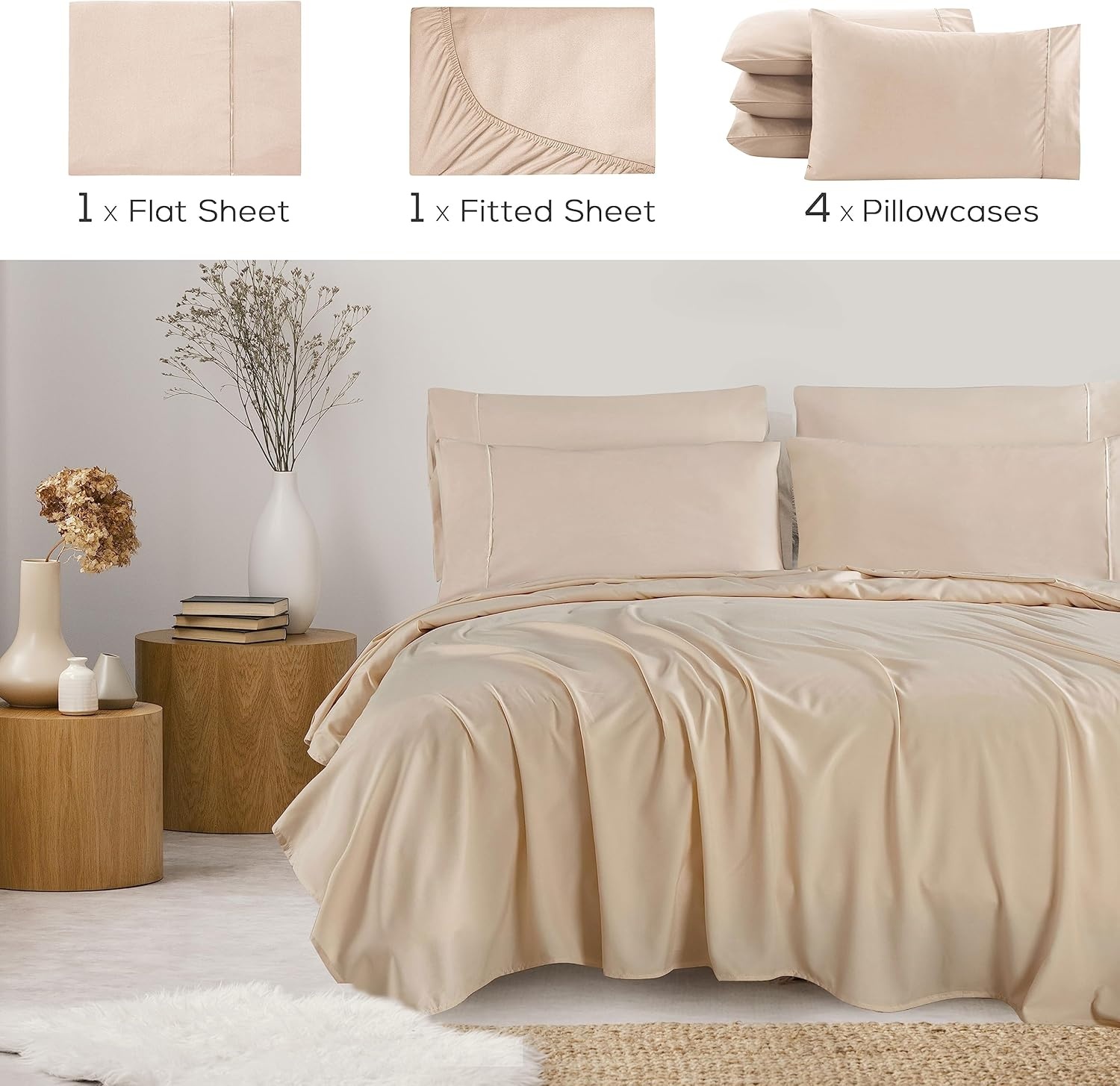 image:imageMueller Luxury 6 PC Full Size Bed Sheets Super Soft 1800 Deep Pocket up to 16 Full Size Sheets Transfers Heat Breathes Better Hypoallergenic WrinkleResistant OekoTEX Light GreyCream