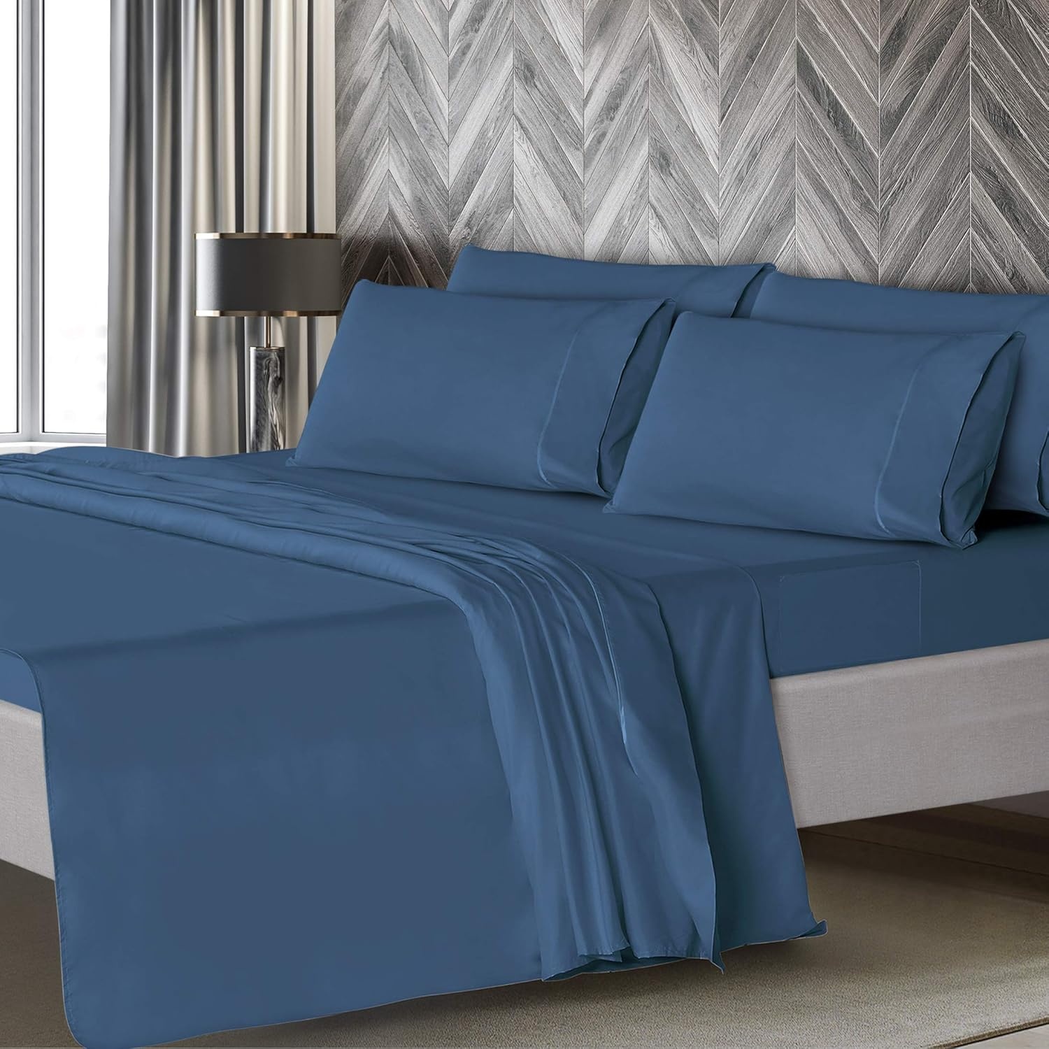 image:imageMueller Luxury 6 PC Full Size Bed Sheets Super Soft 1800 Deep Pocket up to 16 Full Size Sheets Transfers Heat Breathes Better Hypoallergenic WrinkleResistant OekoTEX Light GreyNavy