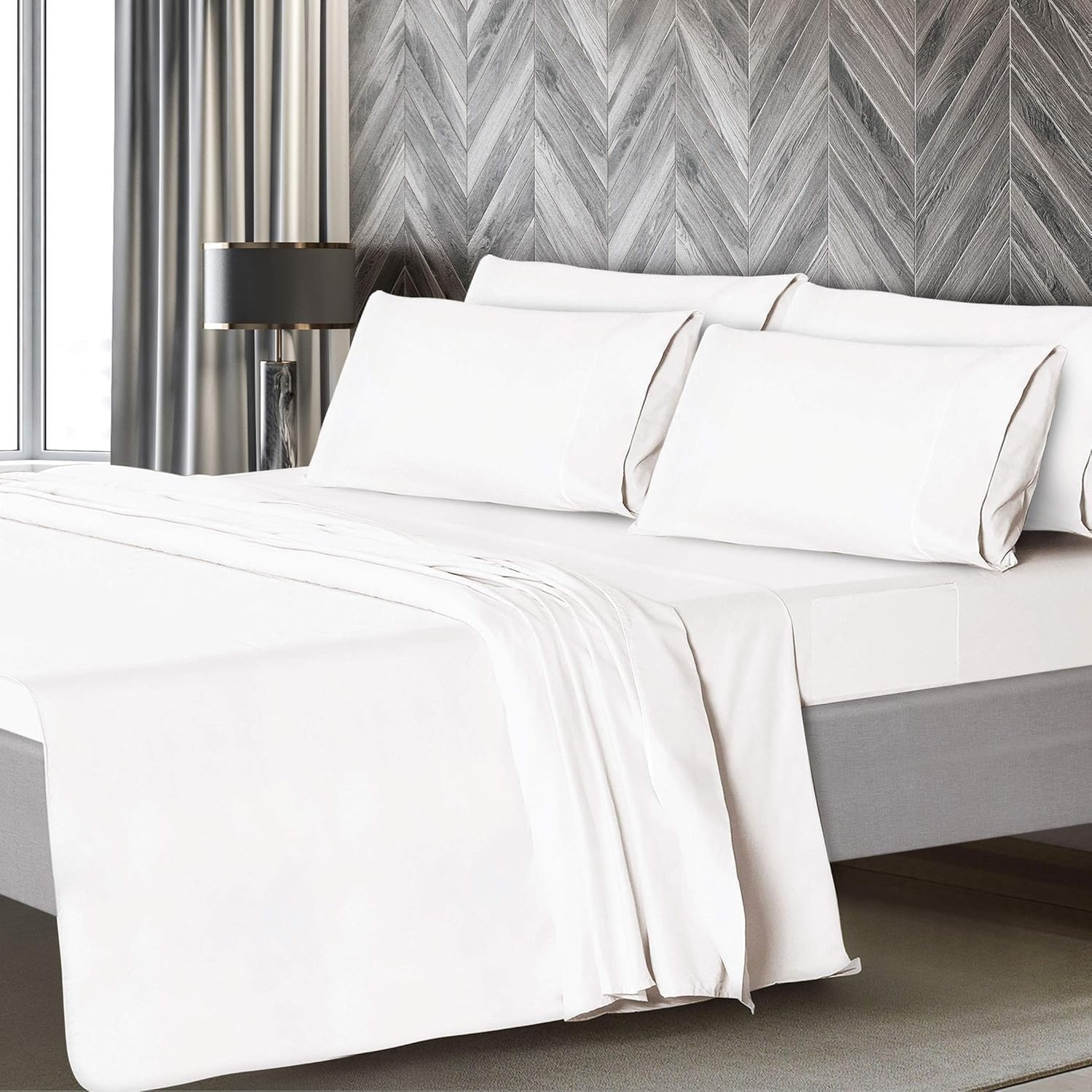 image:imageMueller Luxury 6 PC Full Size Bed Sheets Super Soft 1800 Deep Pocket up to 16 Full Size Sheets Transfers Heat Breathes Better Hypoallergenic WrinkleResistant OekoTEX Light GreyWhite