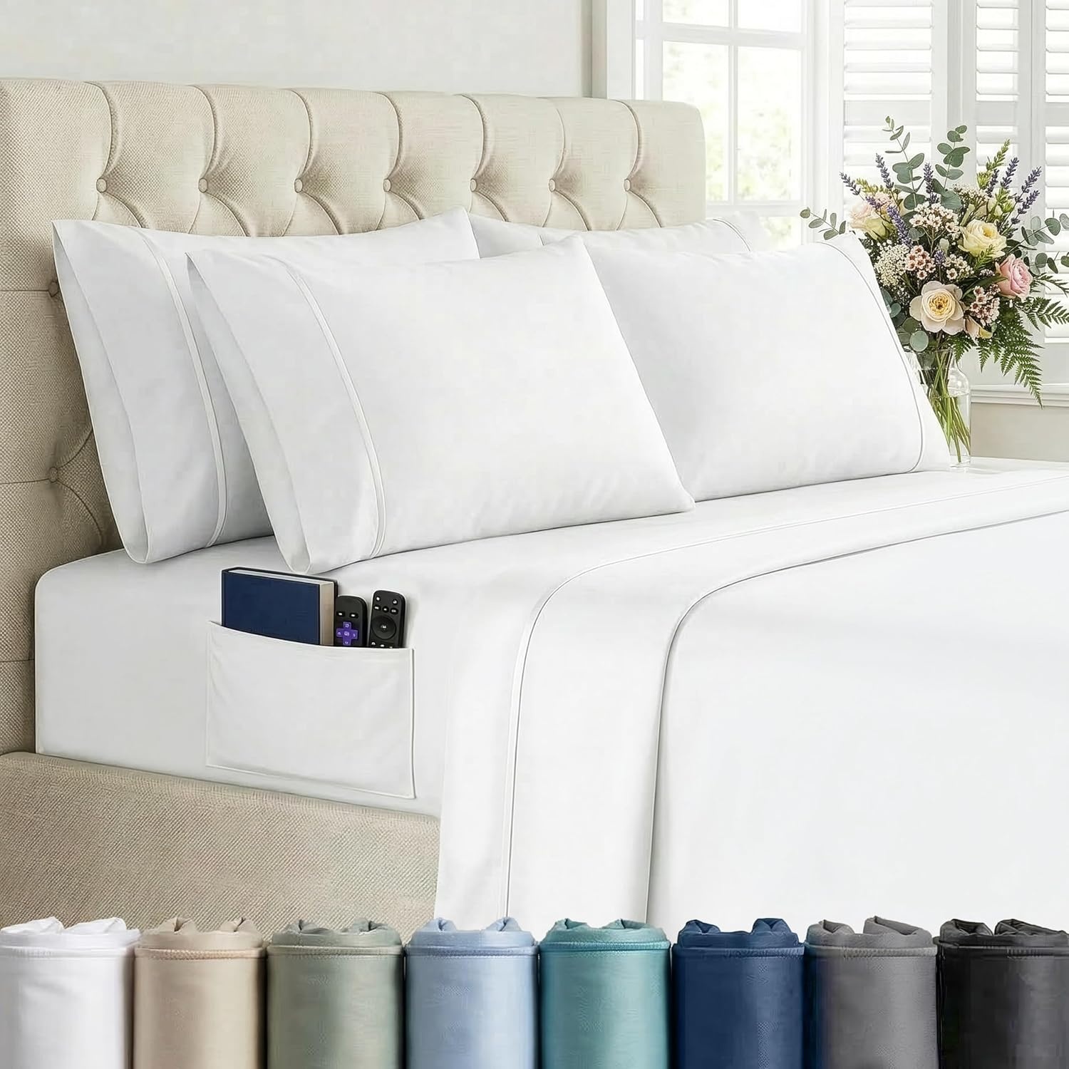 image:imageMueller Luxury 6 PC Full Size Bed Sheets Super Soft 1800 Deep Pocket up to 16 Full Size Sheets Transfers Heat Breathes Better Hypoallergenic WrinkleResistant OekoTEX Light GreyWhite