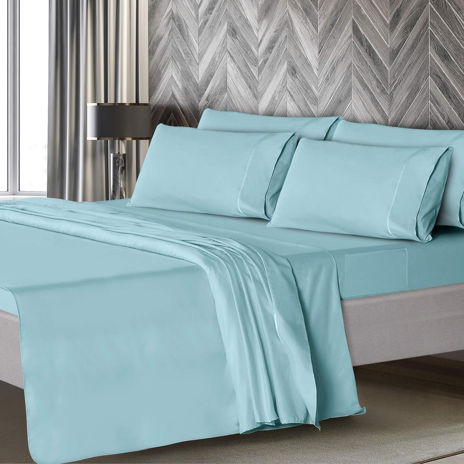 image:imageMueller Luxury 6 PC Full Size Bed Sheets Super Soft 1800 Deep Pocket up to 16 Full Size Sheets Transfers Heat Breathes Better Hypoallergenic WrinkleResistant OekoTEX Light GreyAqua