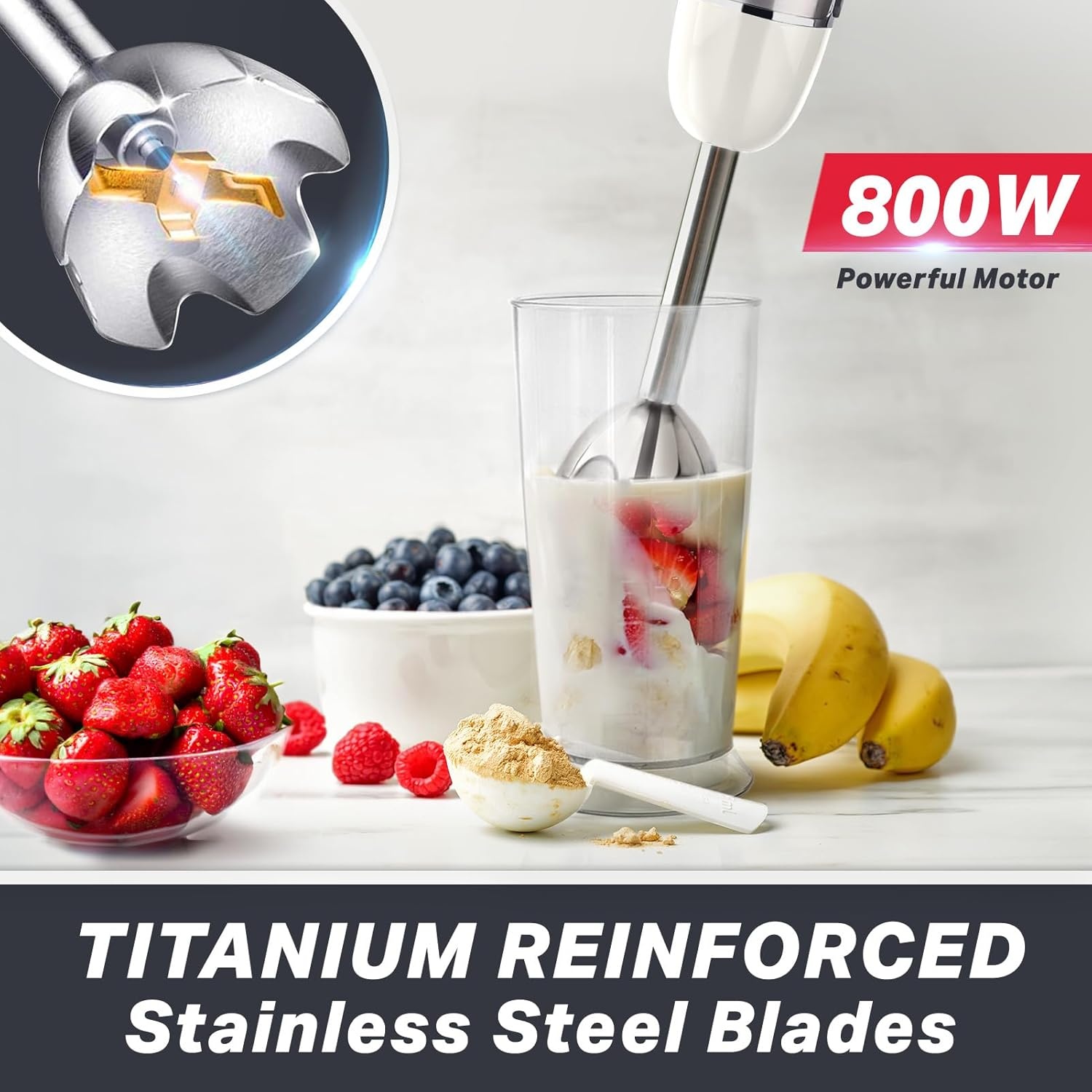 image:imageMueller Multistick 800W 4in1 Immersion Blender Handheld 12 Speed Hand Mixer Turbo Boost Heaviest Duty Copper Motor Titanium Blades Hand Blender Milk Frother Wand Whisk Beaker Chopper White