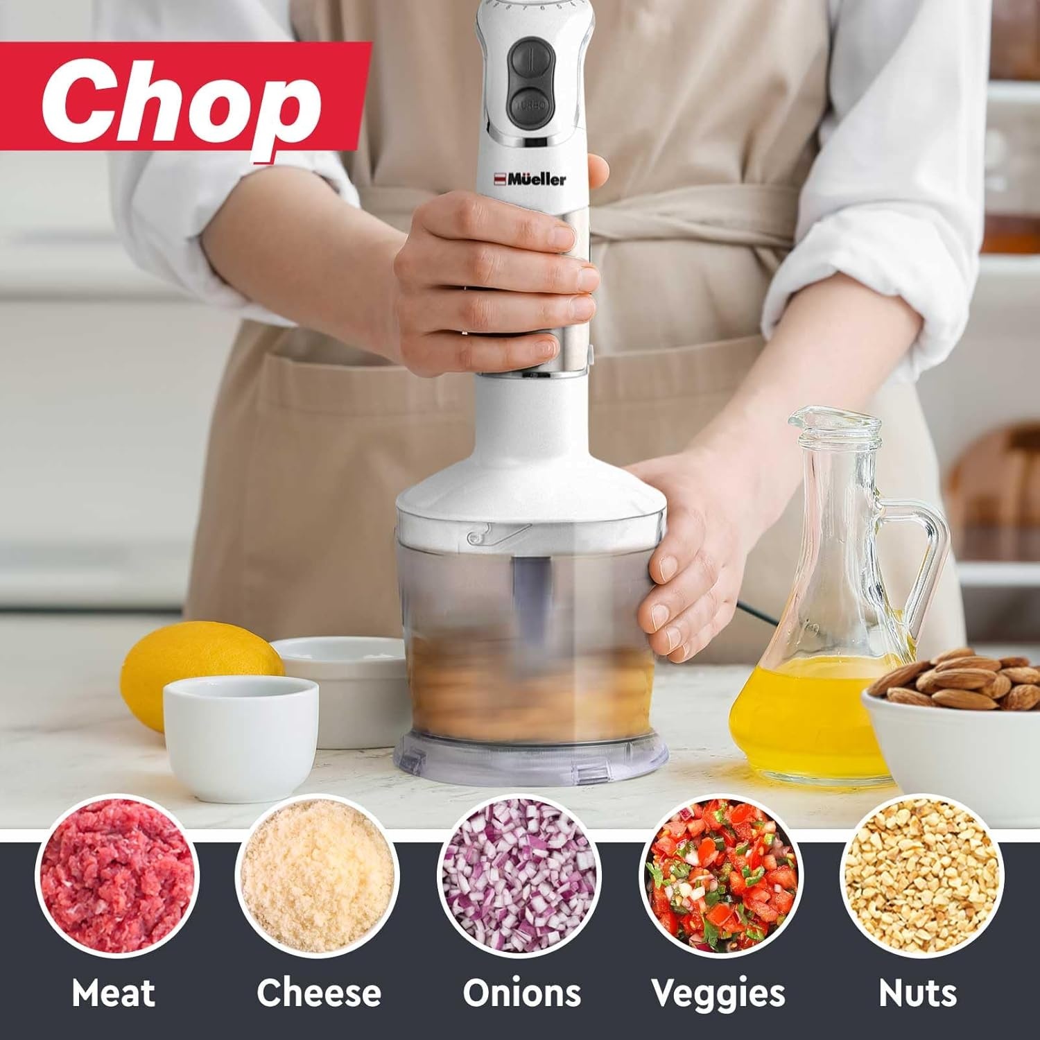 image:imageMueller Multistick 800W 4in1 Immersion Blender Handheld 12 Speed Hand Mixer Turbo Boost Heaviest Duty Copper Motor Titanium Blades Hand Blender Milk Frother Wand Whisk Beaker Chopper White