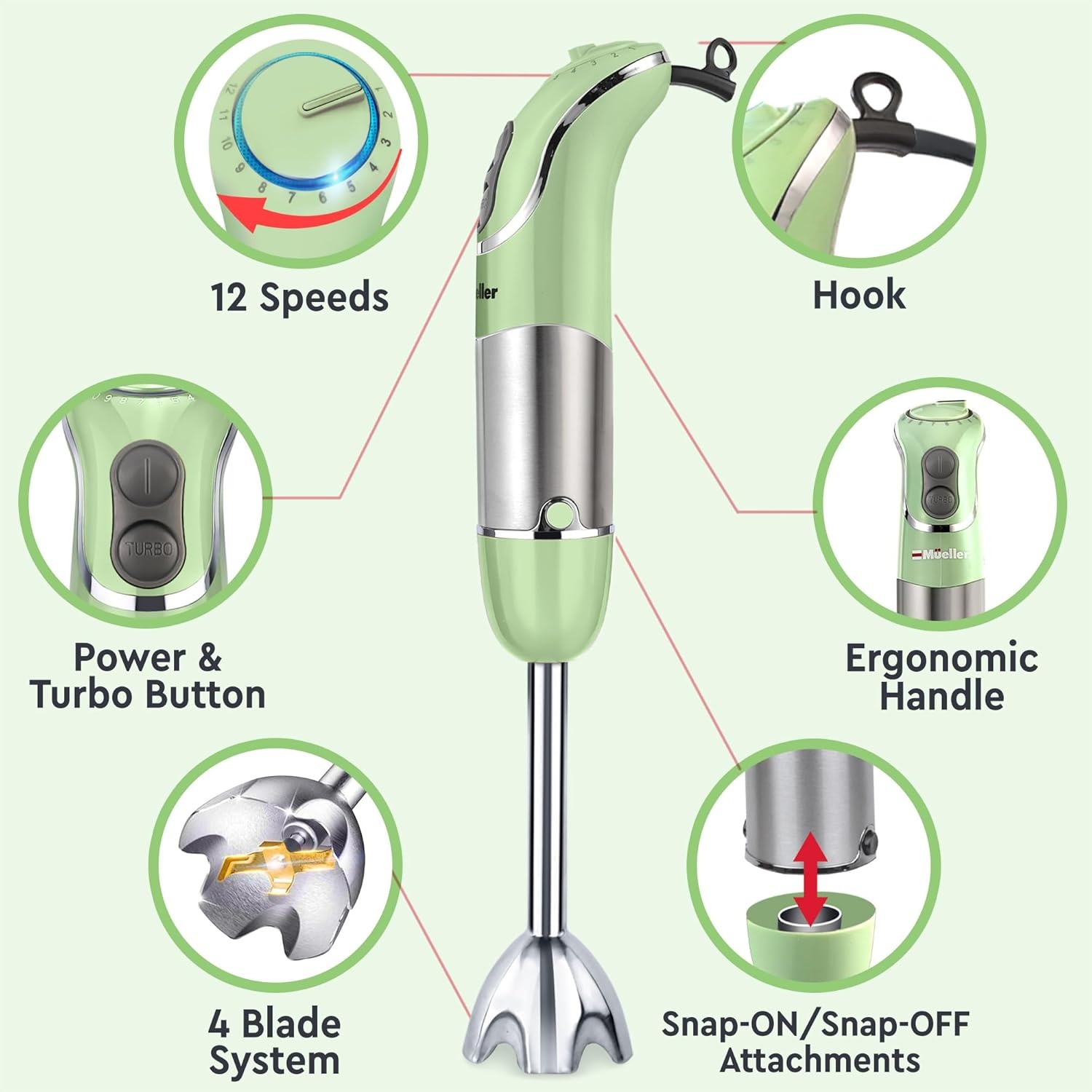 image:imageMueller Multistick 800W 5in1 Immersion Blender Handheld 12 Speed Hand Mixer Turbo Boost Heaviest Duty Copper Motor Titanium Blades Hand Blender Milk Frother Wand Whisk Kitchen Gadgets BlackSage Green
