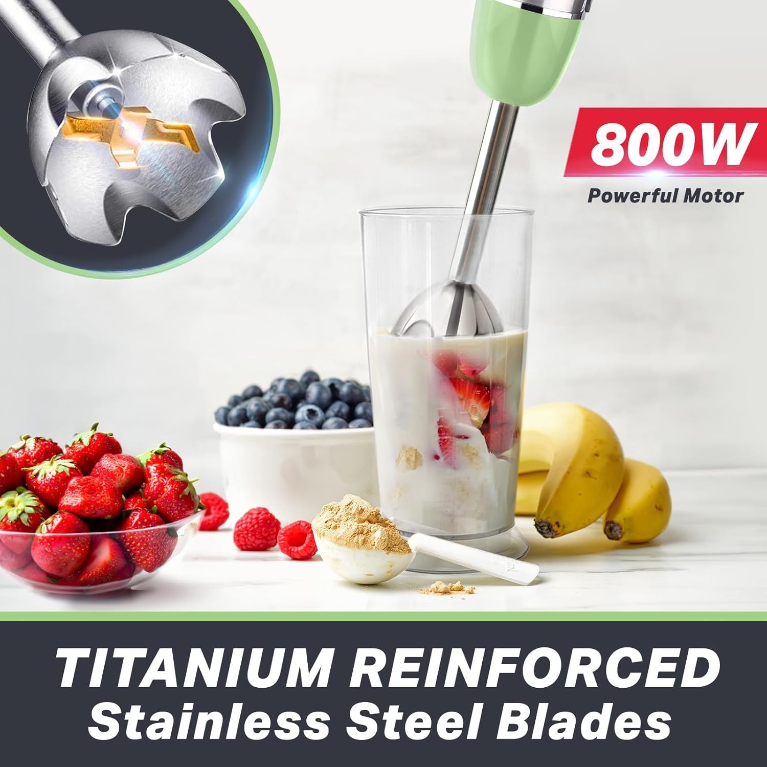 image:imageMueller Multistick 800W 5in1 Immersion Blender Handheld 12 Speed Hand Mixer Turbo Boost Heaviest Duty Copper Motor Titanium Blades Hand Blender Milk Frother Wand Whisk Kitchen Gadgets BlackSage Green