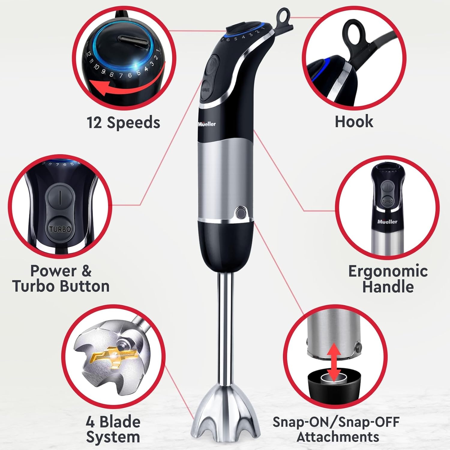image:imageMueller Multistick 800W 5in1 Immersion Blender Handheld 12 Speed Hand Mixer Turbo Boost Heaviest Duty Copper Motor Titanium Blades Hand Blender Milk Frother Wand Whisk Kitchen Gadgets BlackBlack