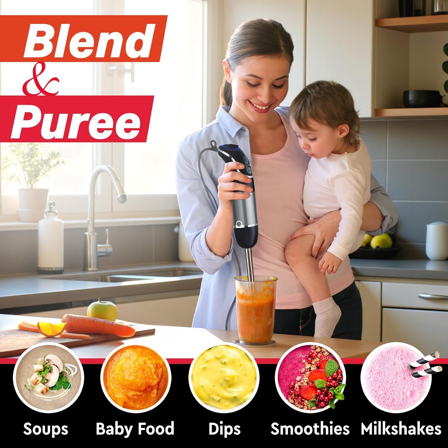 image:imageMueller Multistick 800W 5in1 Immersion Blender Handheld 12 Speed Hand Mixer Turbo Boost Heaviest Duty Copper Motor Titanium Blades Hand Blender Milk Frother Wand Whisk Kitchen Gadgets BlackBlack