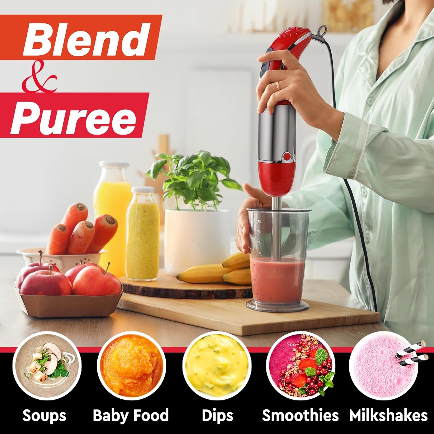 image:imageMueller Multistick 800W 5in1 Immersion Blender Handheld 12 Speed Hand Mixer Turbo Boost Heaviest Duty Copper Motor Titanium Blades Hand Blender Milk Frother Wand Whisk Kitchen Gadgets BlackRed