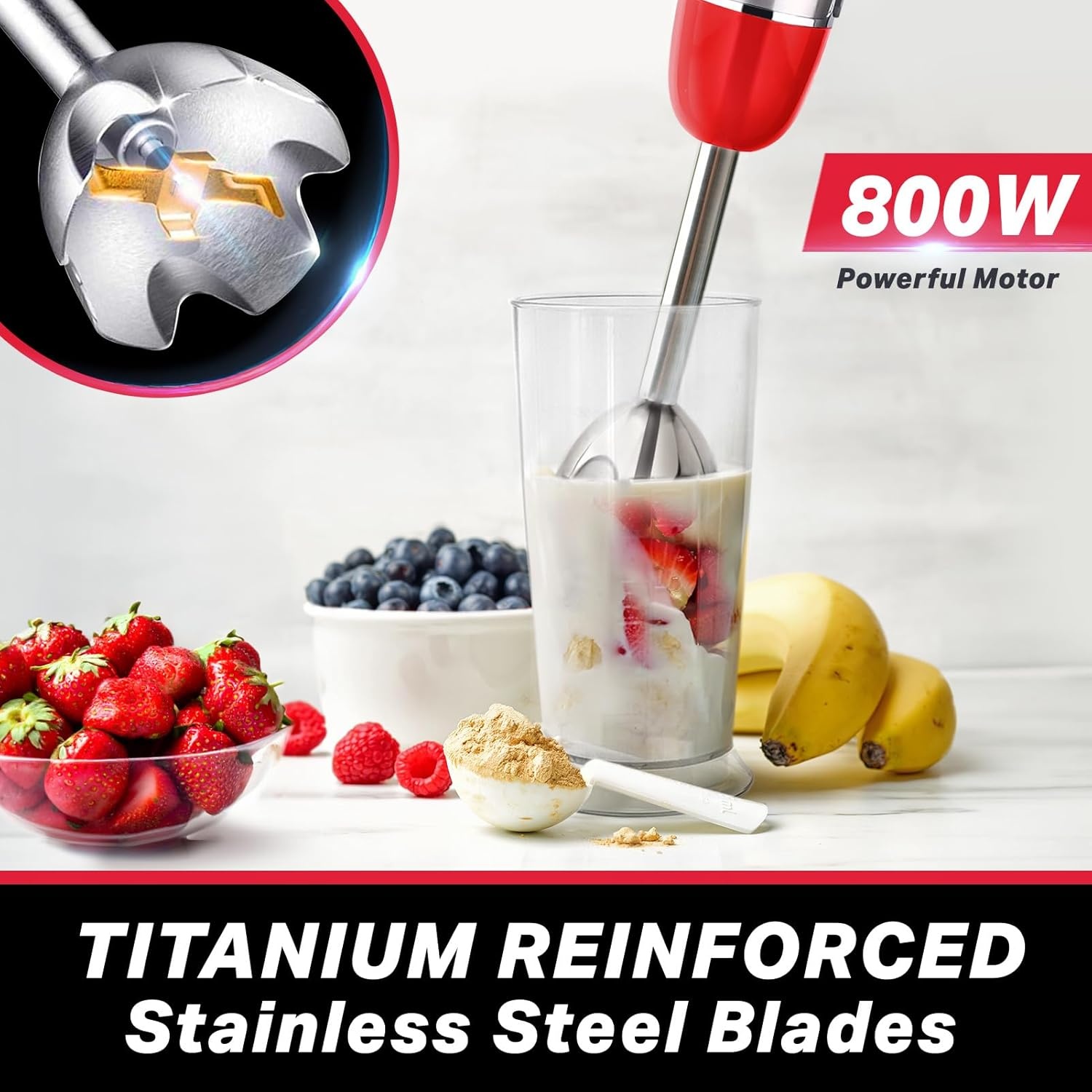 image:imageMueller Multistick 800W 5in1 Immersion Blender Handheld 12 Speed Hand Mixer Turbo Boost Heaviest Duty Copper Motor Titanium Blades Hand Blender Milk Frother Wand Whisk Kitchen Gadgets BlackRed