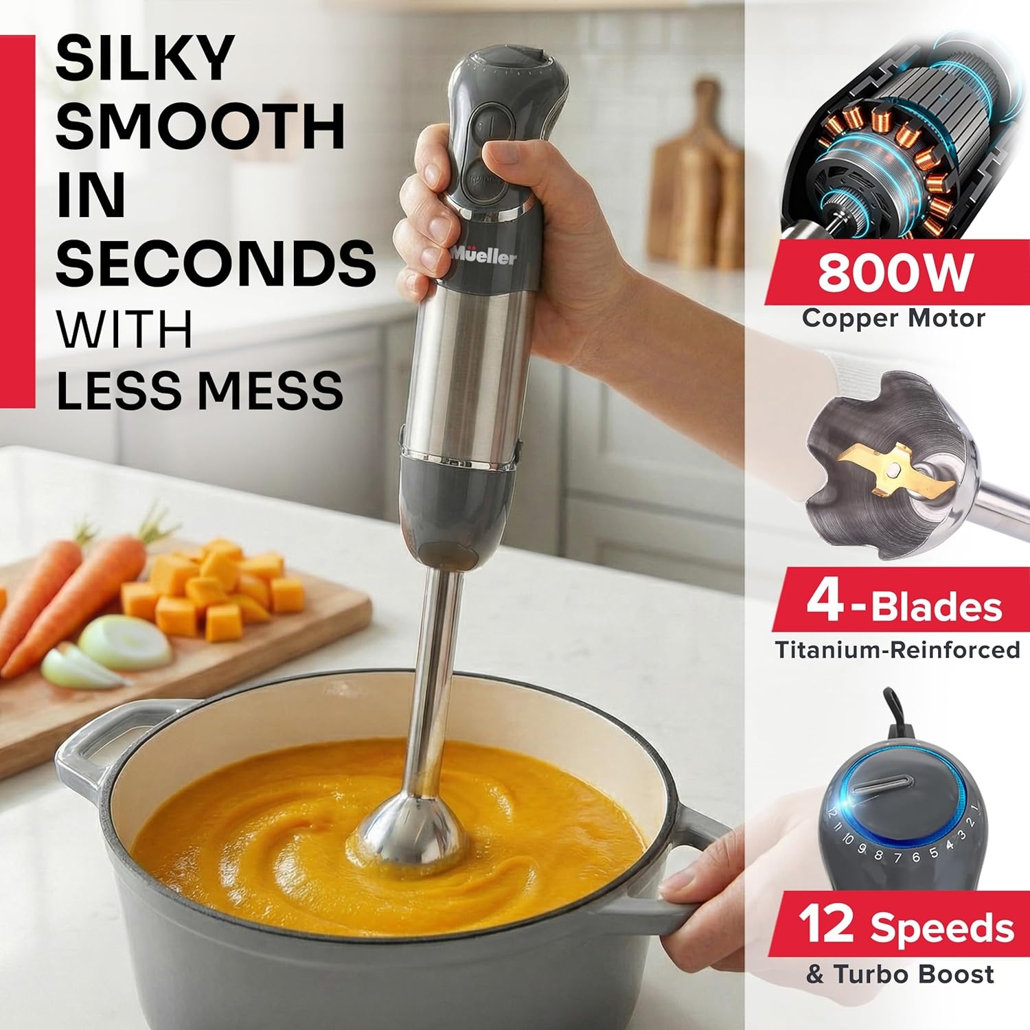 image:imageMueller Multistick 800W 5in1 Immersion Blender Handheld 12 Speed Hand Mixer Turbo Boost Heaviest Duty Copper Motor Titanium Blades Hand Blender Milk Frother Wand Whisk Kitchen Gadgets BlackGray