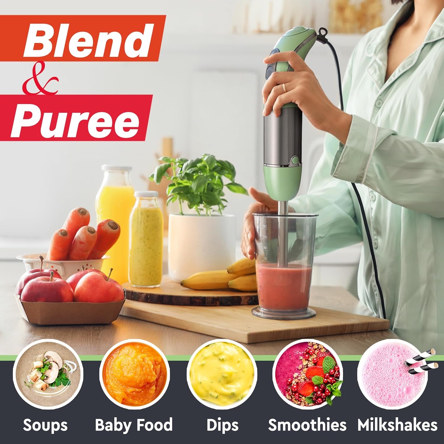 image:imageMueller Multistick 800W 5in1 Immersion Blender Handheld 12 Speed Hand Mixer Turbo Boost Heaviest Duty Copper Motor Titanium Blades Hand Blender Milk Frother Wand Whisk Kitchen Gadgets BlackSage Green