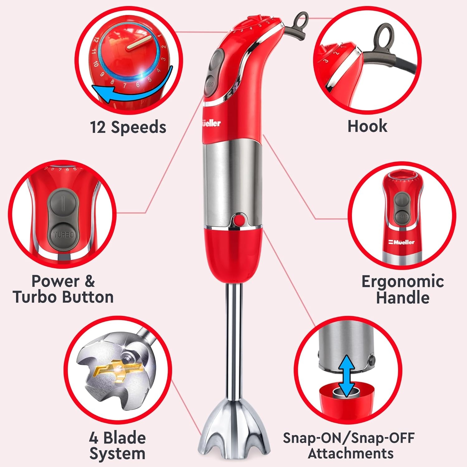 image:imageMueller Multistick 800W 5in1 Immersion Blender Handheld 12 Speed Hand Mixer Turbo Boost Heaviest Duty Copper Motor Titanium Blades Hand Blender Milk Frother Wand Whisk Kitchen Gadgets BlackRed