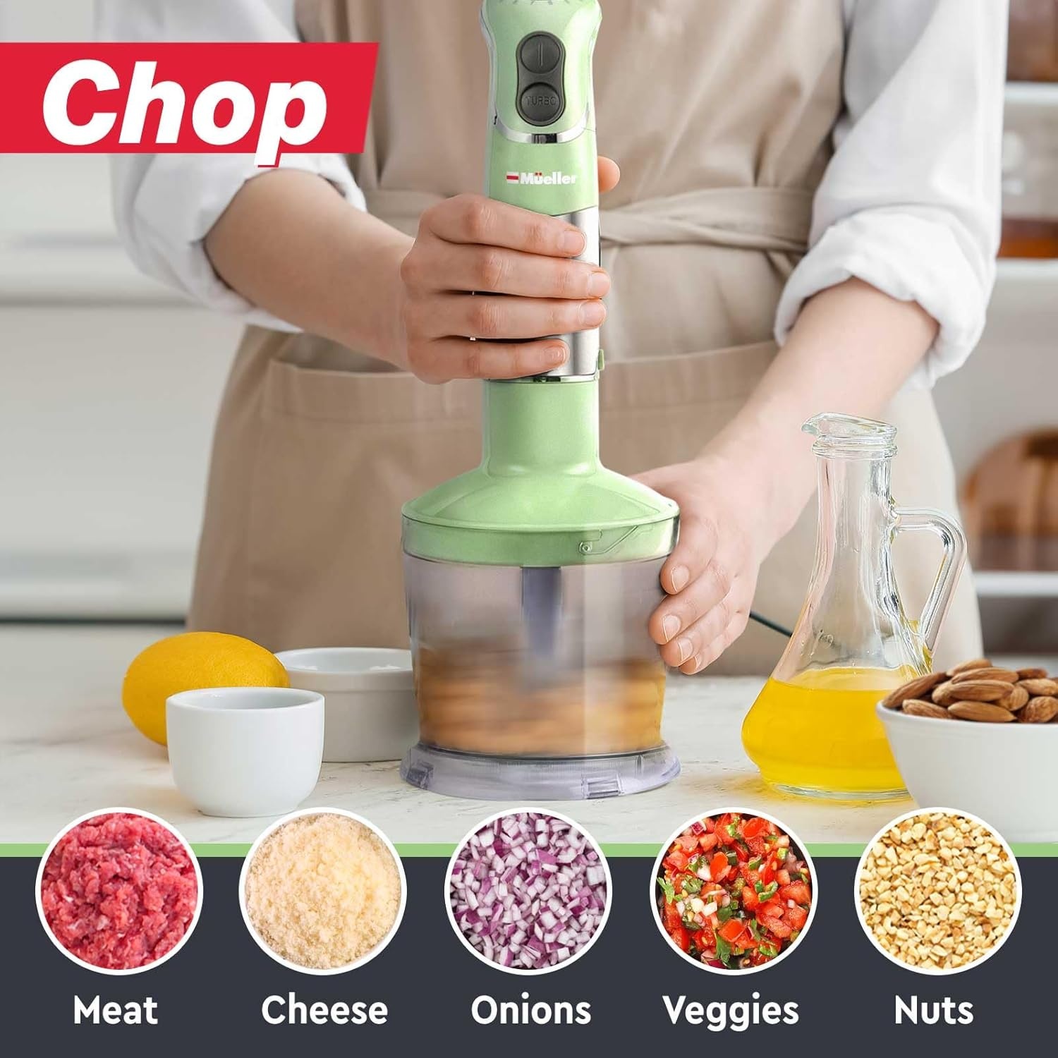image:imageMueller Multistick 800W 5in1 Immersion Blender Handheld 12 Speed Hand Mixer Turbo Boost Heaviest Duty Copper Motor Titanium Blades Hand Blender Milk Frother Wand Whisk Kitchen Gadgets BlackSage Green