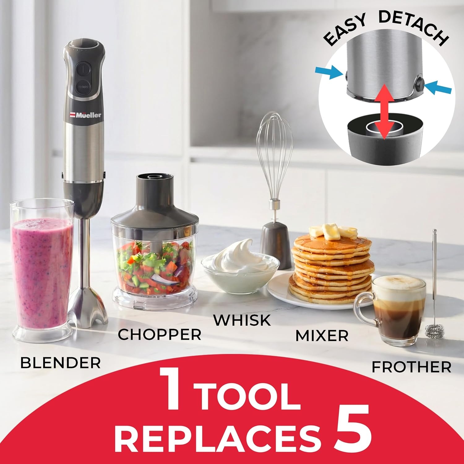 image:imageMueller Multistick 800W 5in1 Immersion Blender Handheld 12 Speed Hand Mixer Turbo Boost Heaviest Duty Copper Motor Titanium Blades Hand Blender Milk Frother Wand Whisk Kitchen Gadgets BlackGray
