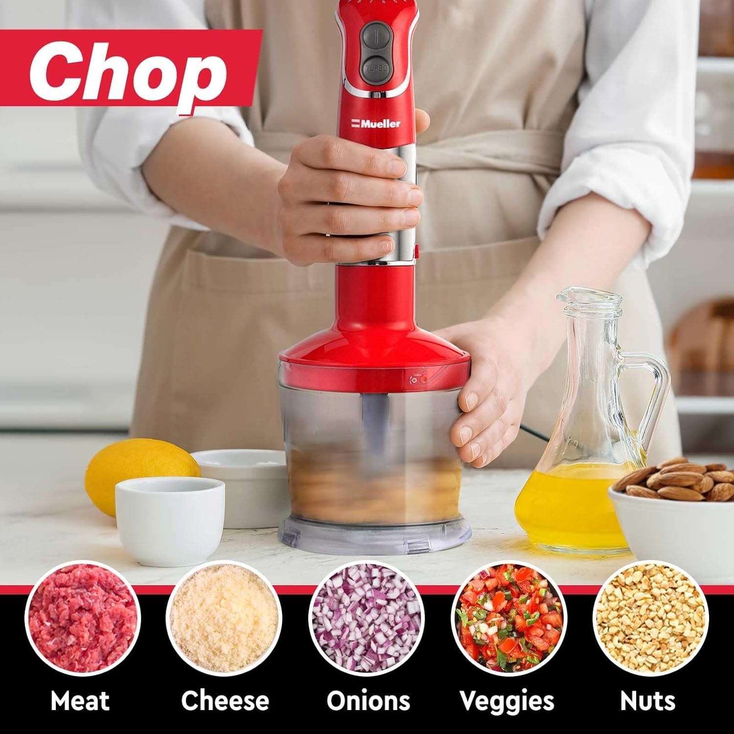 image:imageMueller Multistick 800W 5in1 Immersion Blender Handheld 12 Speed Hand Mixer Turbo Boost Heaviest Duty Copper Motor Titanium Blades Hand Blender Milk Frother Wand Whisk Kitchen Gadgets BlackRed