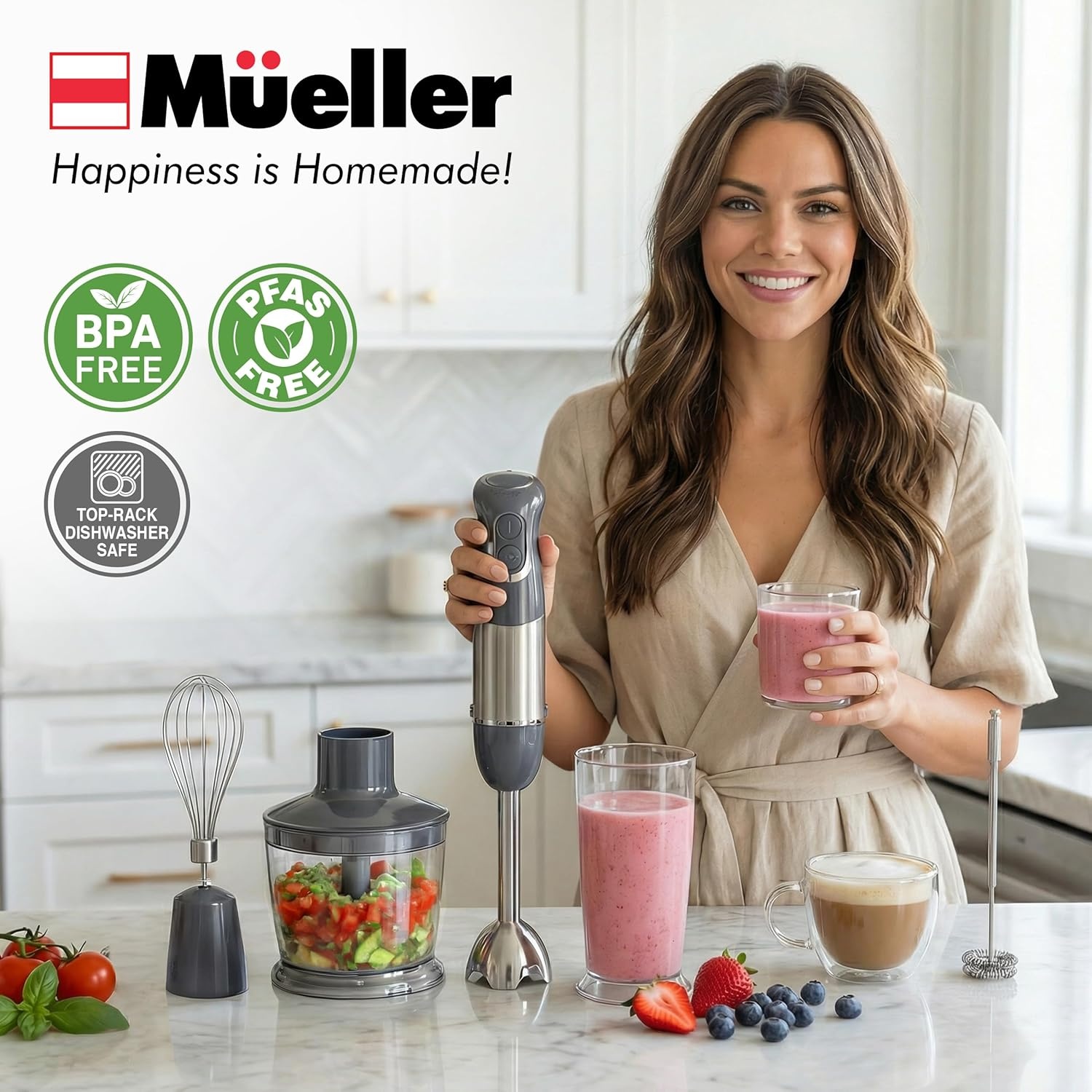 image:imageMueller Multistick 800W 5in1 Immersion Blender Handheld 12 Speed Hand Mixer Turbo Boost Heaviest Duty Copper Motor Titanium Blades Hand Blender Milk Frother Wand Whisk Kitchen Gadgets BlackGray