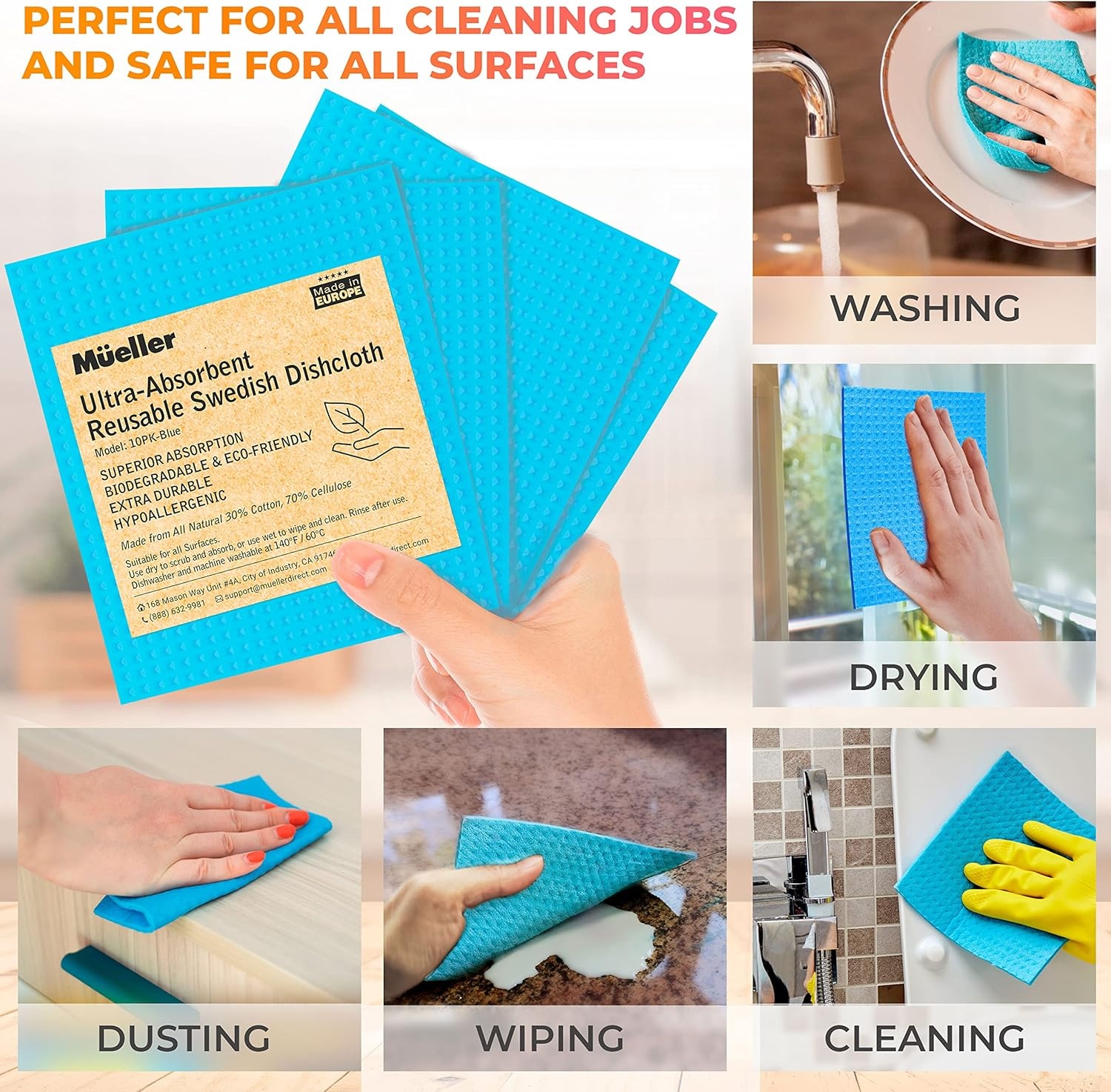 image:imageMueller Swedish Dish Cloths 10 Pack Reusable Hand Towels for Kitchen Counters amp Washing Dishes Extra Durable UltraAbsorbent Cellulose Sponge Eco Friendly and Hypoallergenic Gifts Blue