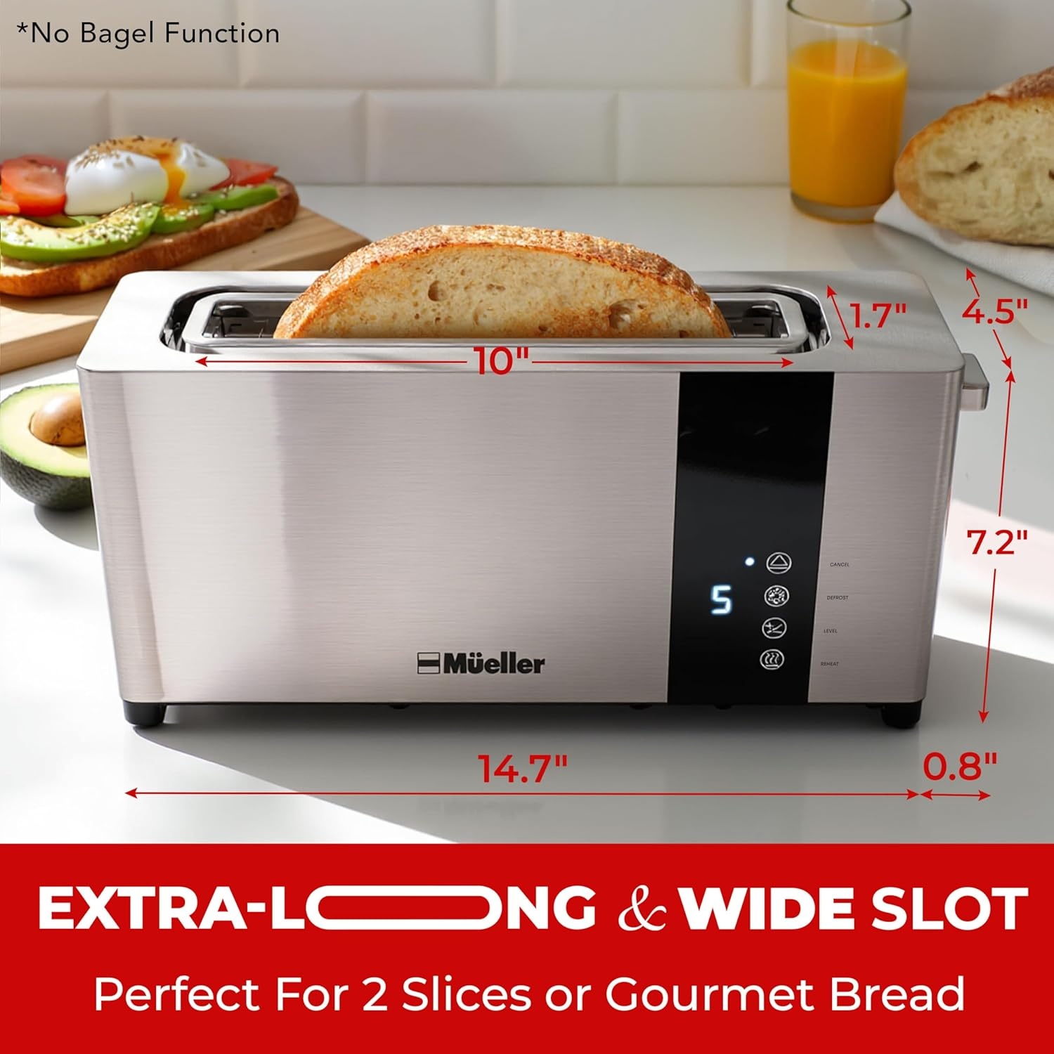 image:imageMueller UltraToast Full Stainless Steel Toaster 2 Slice Long ExtraWide Slots with Removable Tray CancelDefrostReheat Functions 6 Browning Levels with LED Display Housewarming Gifts New Home