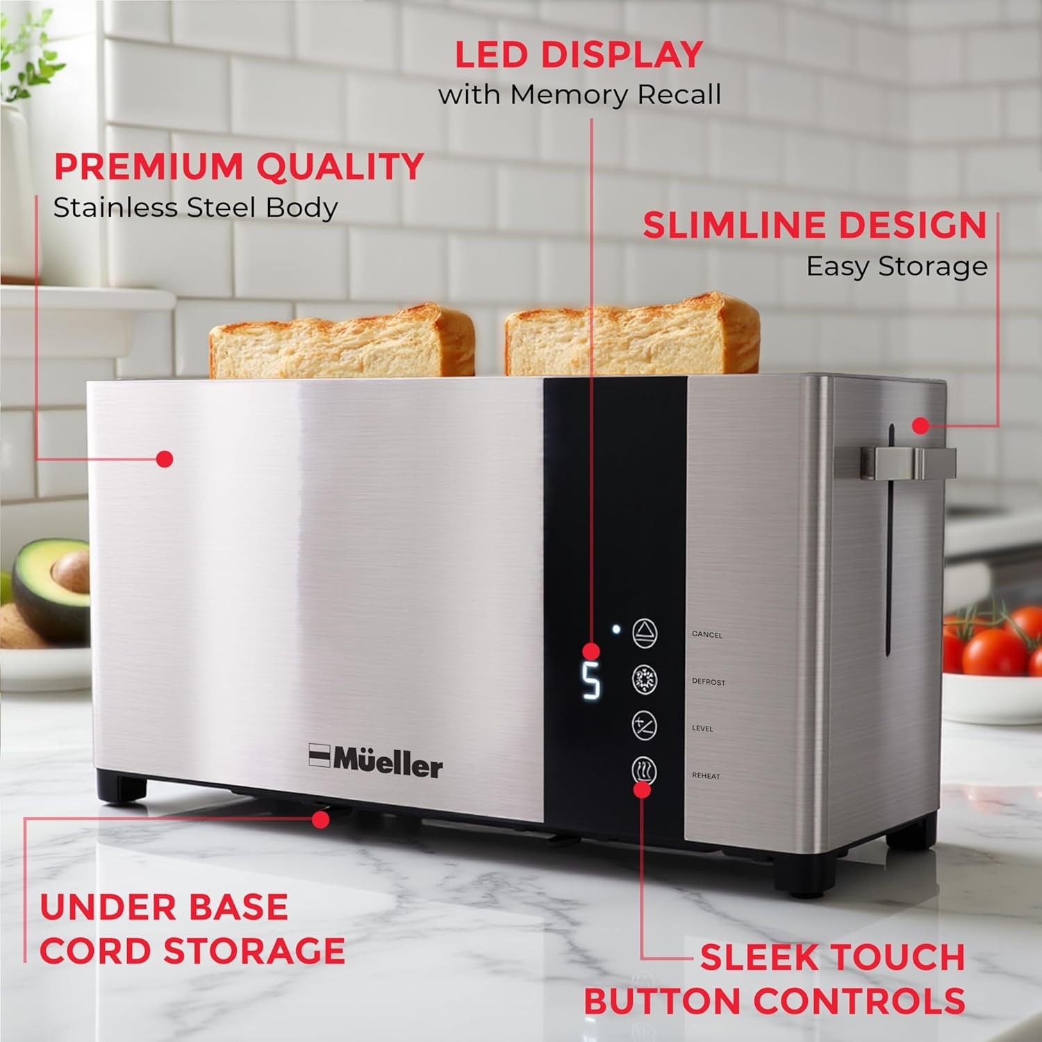 image:imageMueller UltraToast Full Stainless Steel Toaster 2 Slice Long ExtraWide Slots with Removable Tray CancelDefrostReheat Functions 6 Browning Levels with LED Display Housewarming Gifts New Home