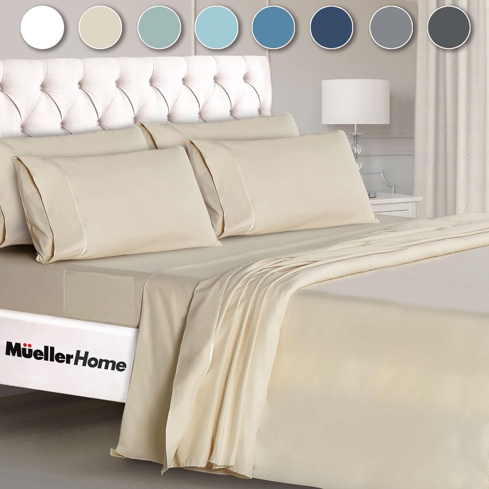 image:imageMueller Luxury 6 PC Full Size Bed Sheets Super Soft 1800 Deep Pocket up to 16 Full Size Sheets Transfers Heat Breathes Better Hypoallergenic WrinkleResistant OekoTEX Light GreyCream