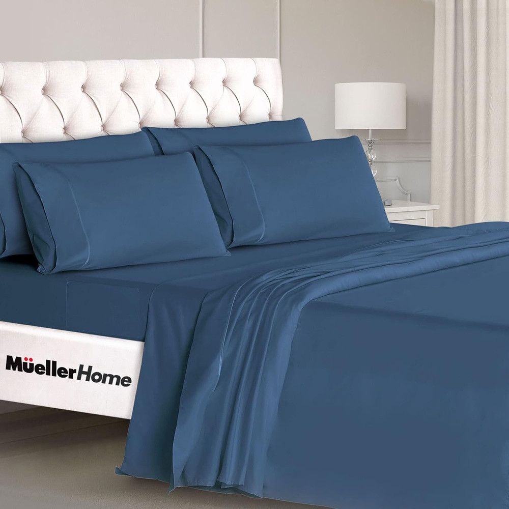 image:imageMueller Luxury 6 PC Full Size Bed Sheets Super Soft 1800 Deep Pocket up to 16 Full Size Sheets Transfers Heat Breathes Better Hypoallergenic WrinkleResistant OekoTEX Light GreyNavy