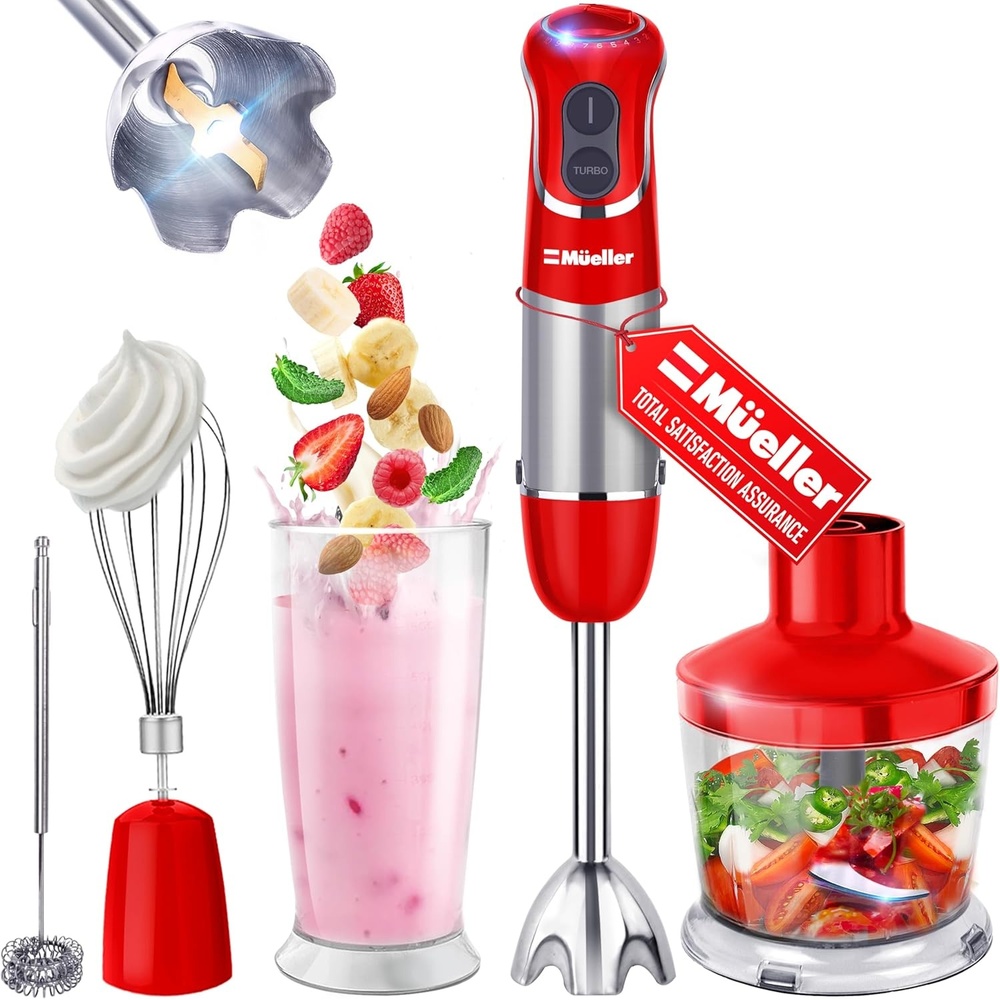 image:imageMueller Multistick 800W 5in1 Immersion Blender Handheld 12 Speed Hand Mixer Turbo Boost Heaviest Duty Copper Motor Titanium Blades Hand Blender Milk Frother Wand Whisk Kitchen Gadgets BlackRed