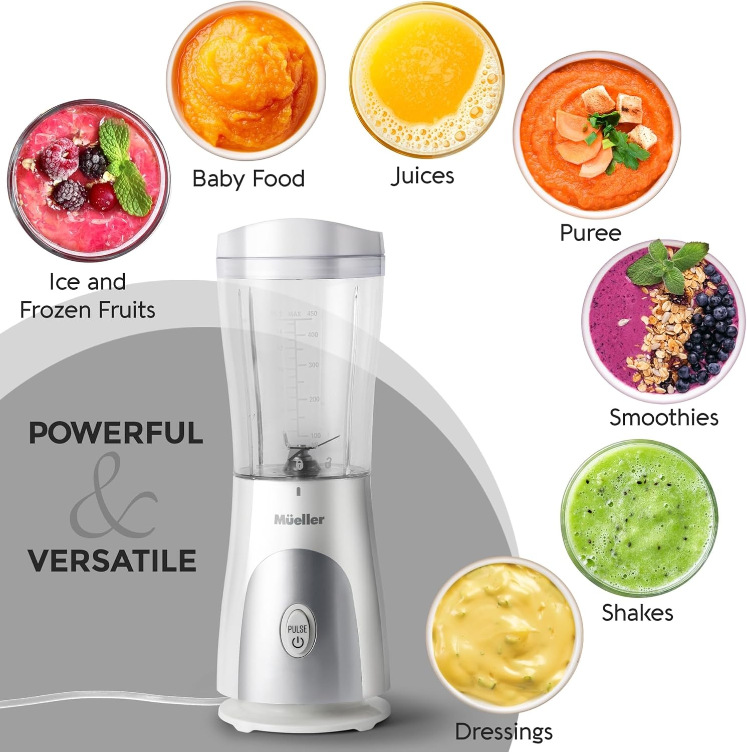 image:imageMueller HeavyDuty Personal Blender for Shakes and Smoothies with a 15 Oz Travel Cup and Lid Juices Baby Food Portable Blender amp Food Processor TurquoiseWhite