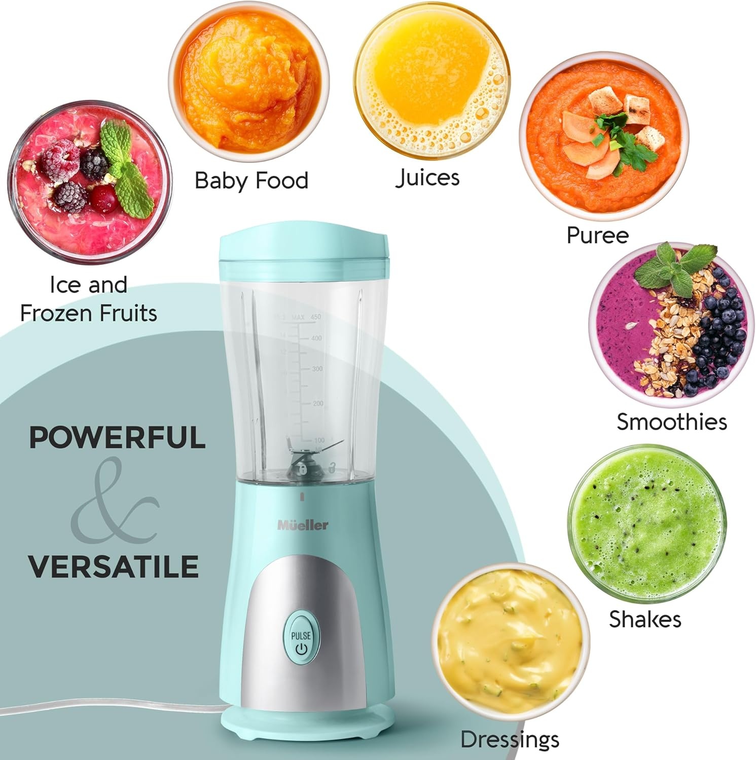 image:imageMueller HeavyDuty Personal Blender for Shakes and Smoothies with a 15 Oz Travel Cup and Lid Juices Baby Food Portable Blender amp Food Processor TurquoiseTurquoise