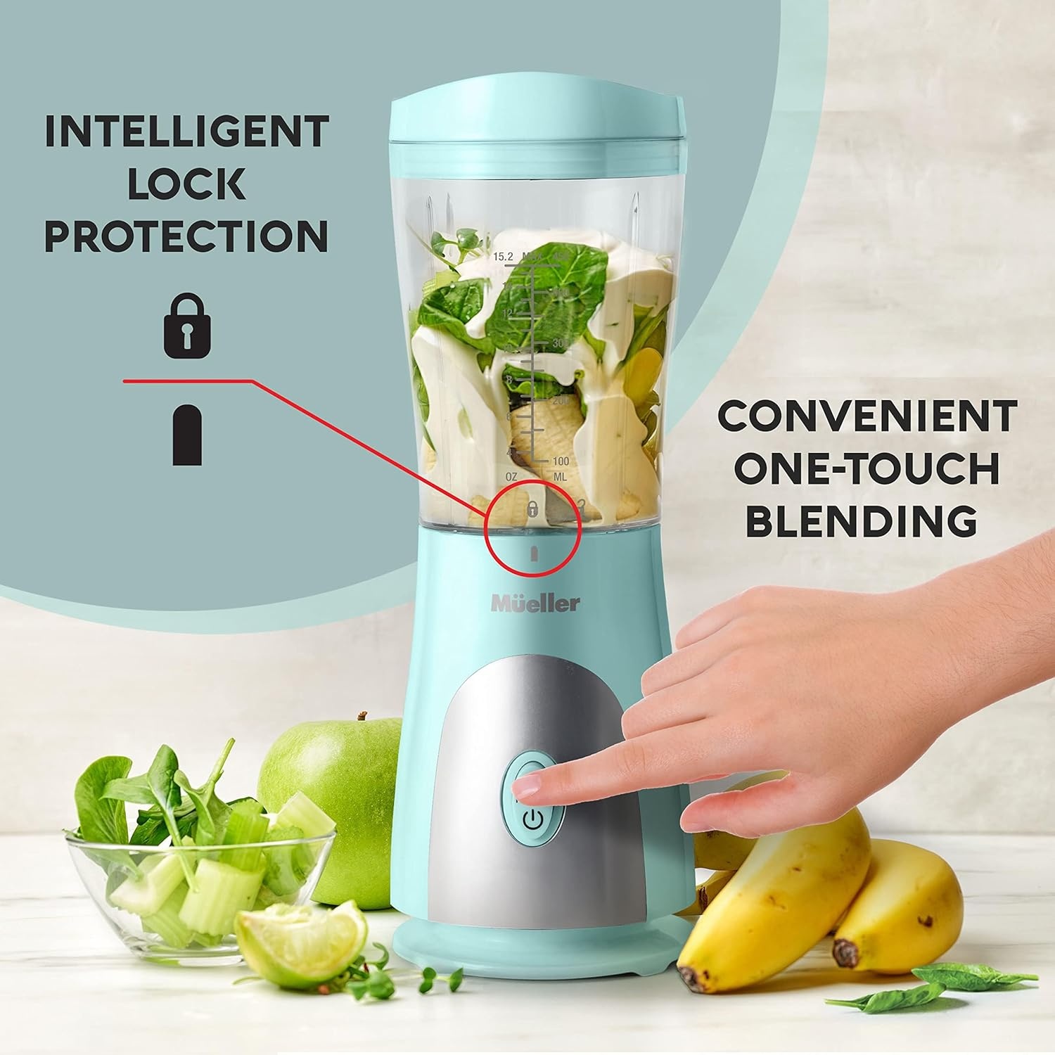 image:imageMueller HeavyDuty Personal Blender for Shakes and Smoothies with a 15 Oz Travel Cup and Lid Juices Baby Food Portable Blender amp Food Processor TurquoiseTurquoise