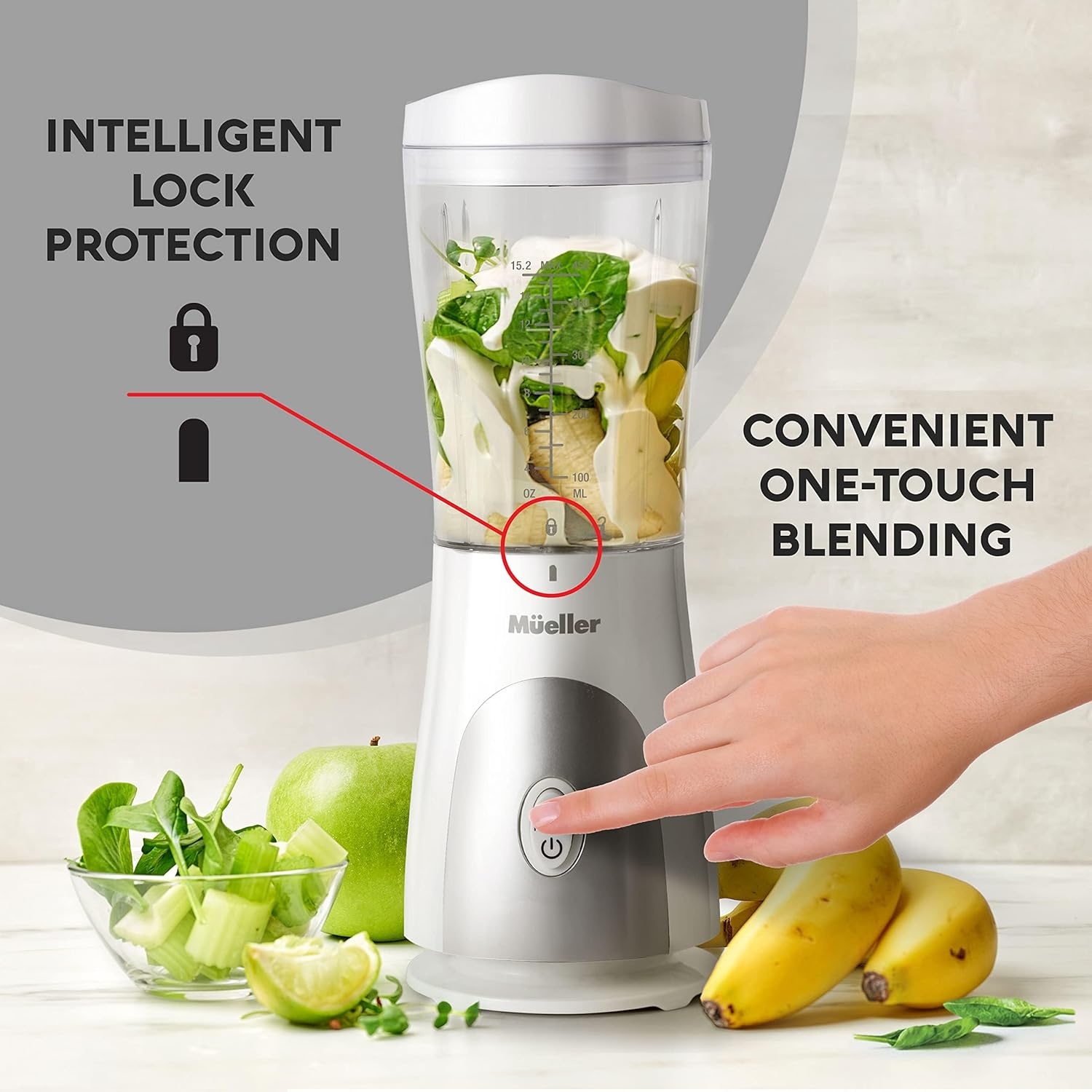 image:imageMueller HeavyDuty Personal Blender for Shakes and Smoothies with a 15 Oz Travel Cup and Lid Juices Baby Food Portable Blender amp Food Processor TurquoiseWhite