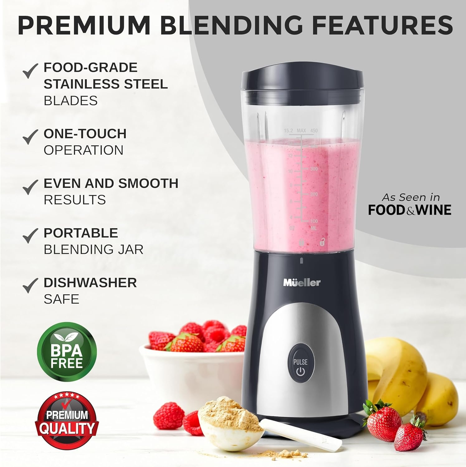 image:imageMueller HeavyDuty Personal Blender for Shakes and Smoothies with a 15 Oz Travel Cup and Lid Juices Baby Food Portable Blender amp Food Processor TurquoiseGray