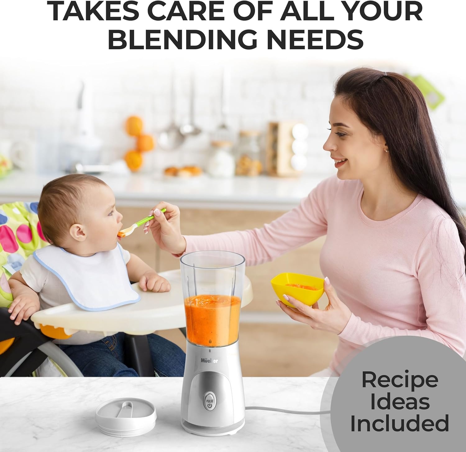 image:imageMueller HeavyDuty Personal Blender for Shakes and Smoothies with a 15 Oz Travel Cup and Lid Juices Baby Food Portable Blender amp Food Processor TurquoiseWhite