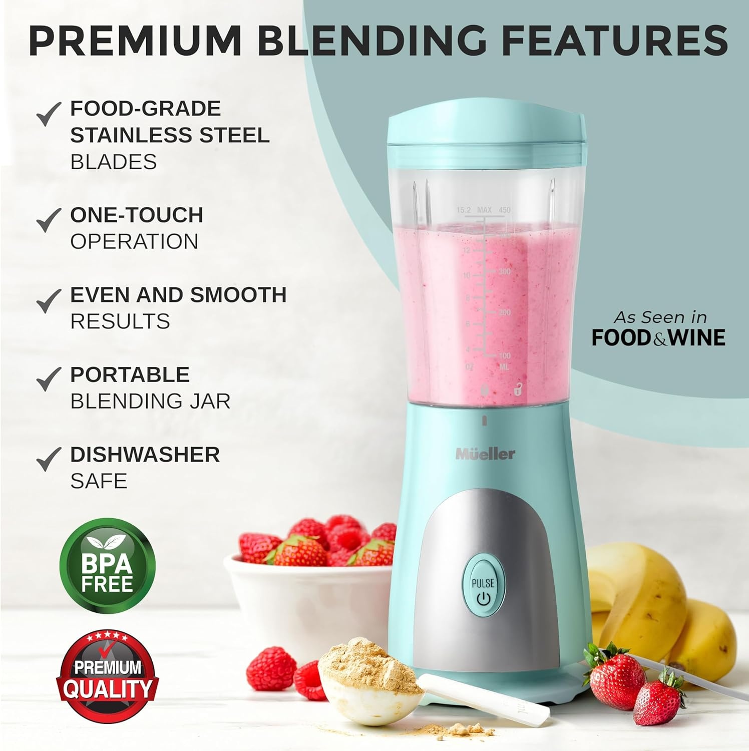 image:imageMueller HeavyDuty Personal Blender for Shakes and Smoothies with a 15 Oz Travel Cup and Lid Juices Baby Food Portable Blender amp Food Processor TurquoiseTurquoise