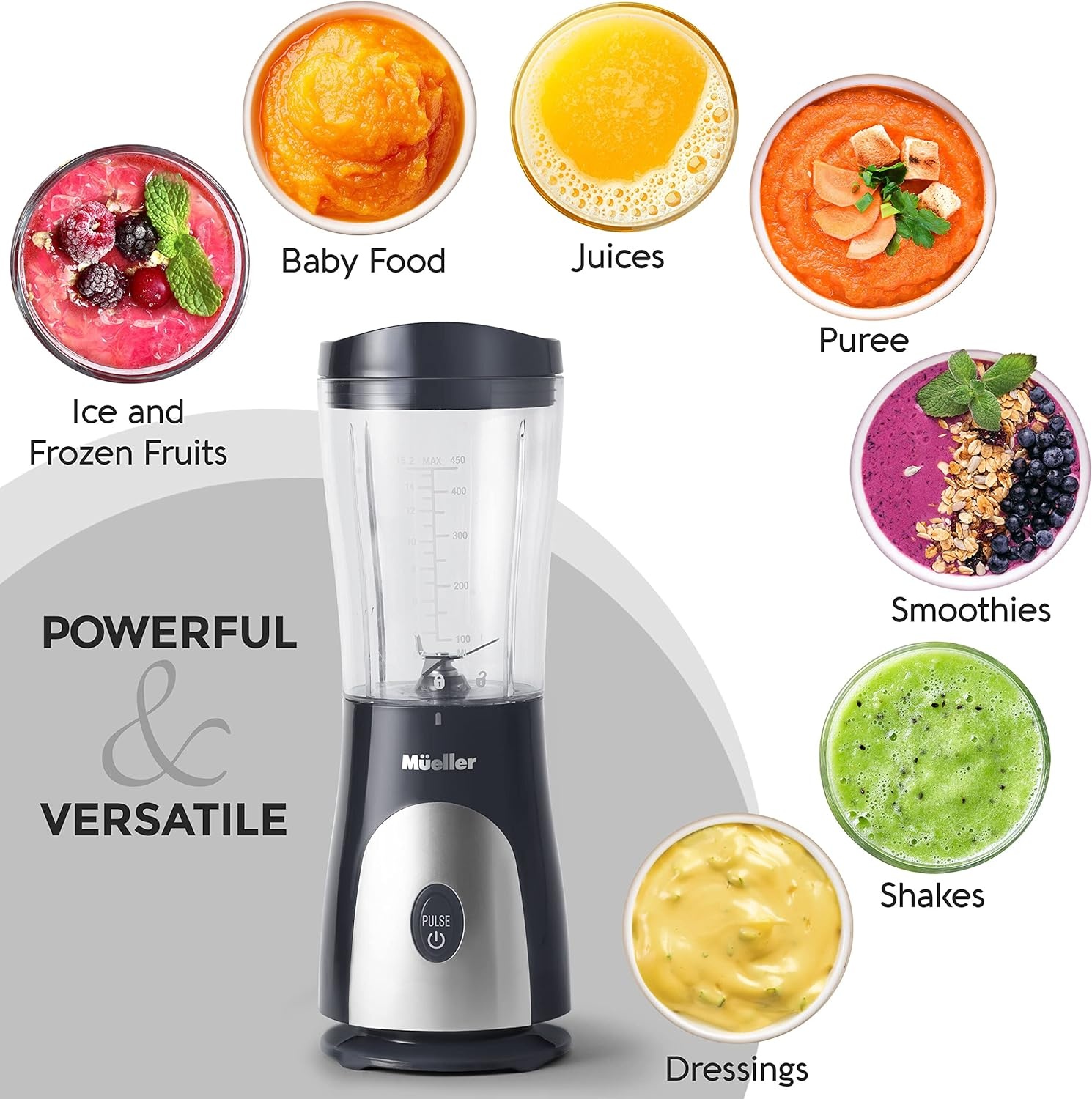 image:imageMueller HeavyDuty Personal Blender for Shakes and Smoothies with a 15 Oz Travel Cup and Lid Juices Baby Food Portable Blender amp Food Processor TurquoiseGray