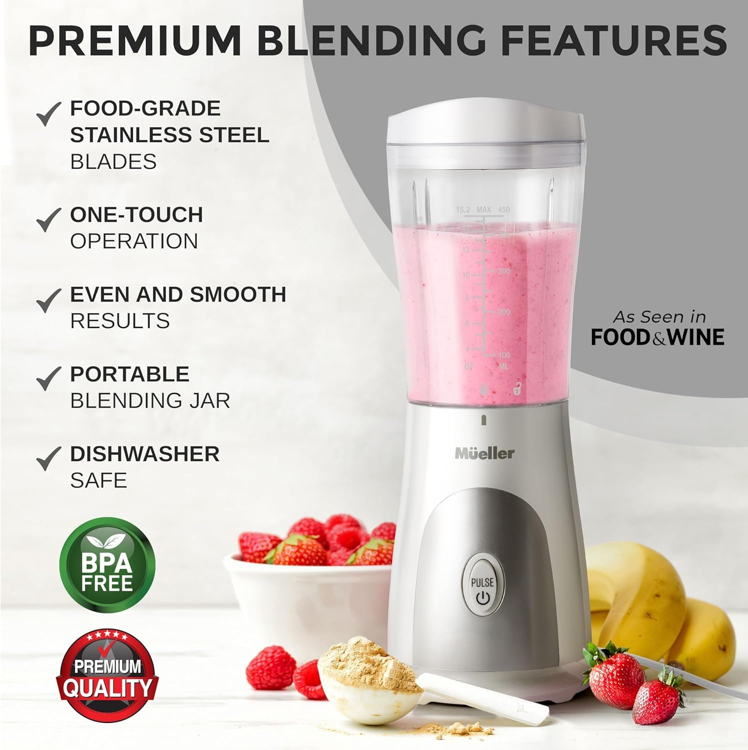 image:imageMueller HeavyDuty Personal Blender for Shakes and Smoothies with a 15 Oz Travel Cup and Lid Juices Baby Food Portable Blender amp Food Processor TurquoiseWhite