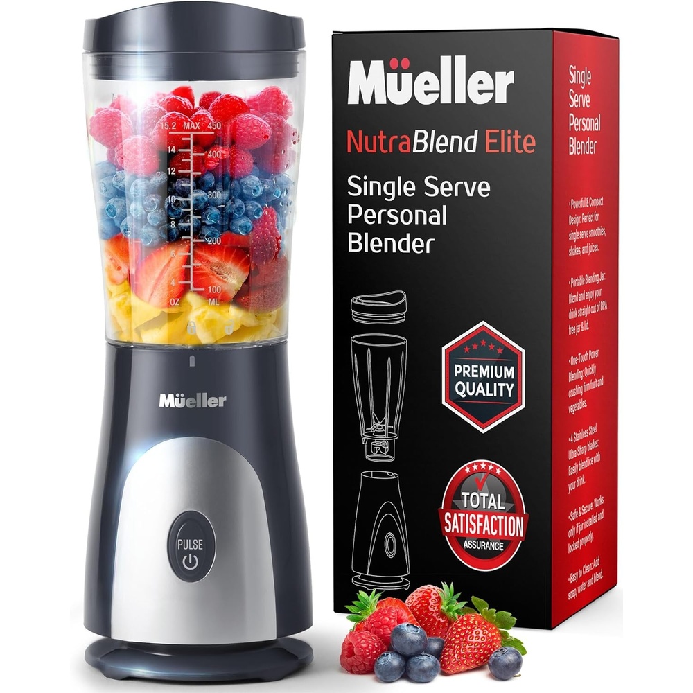 image:imageMueller HeavyDuty Personal Blender for Shakes and Smoothies with a 15 Oz Travel Cup and Lid Juices Baby Food Portable Blender amp Food Processor TurquoiseGray